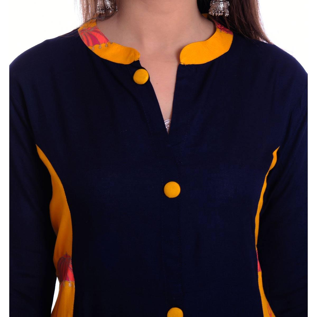 Peachmode Charming Navy Blue-Yellow Colored Casual Wear Printed Rayon Kurti - view 4