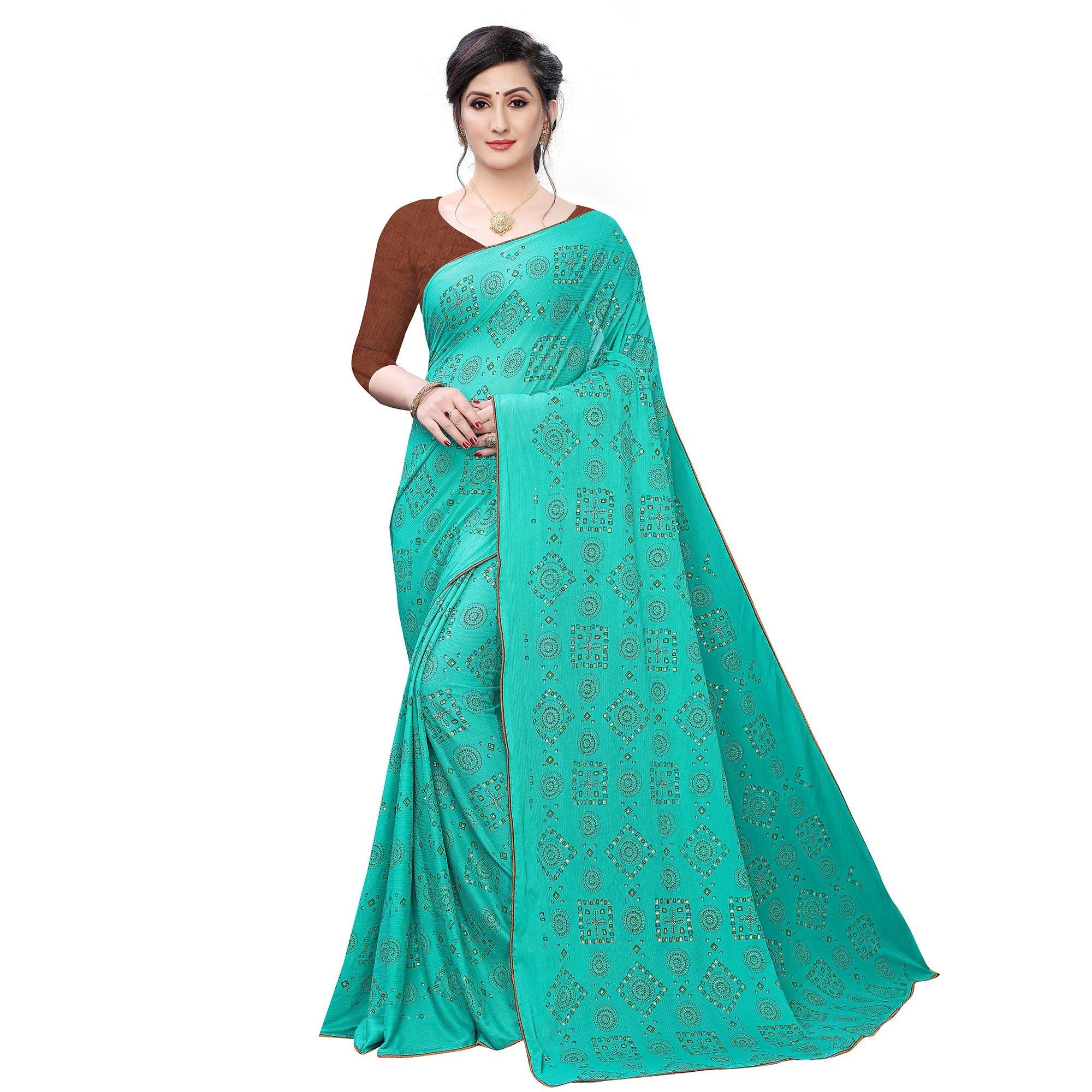 Peachmode Jazzy Sea Green Colored Casual Wear Printed Art Silk Saree