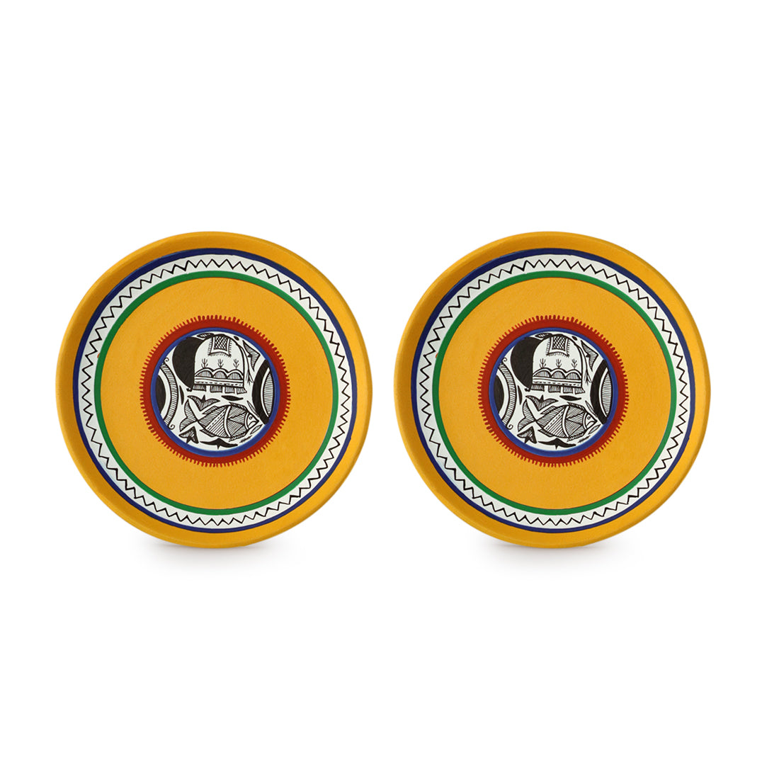 EXCLUSIVELANE 'The Madhubani Tales' Hand Painted Terracotta Wall Plates Wall Décor (8 inch, Set of 2, Yellow) - view 2