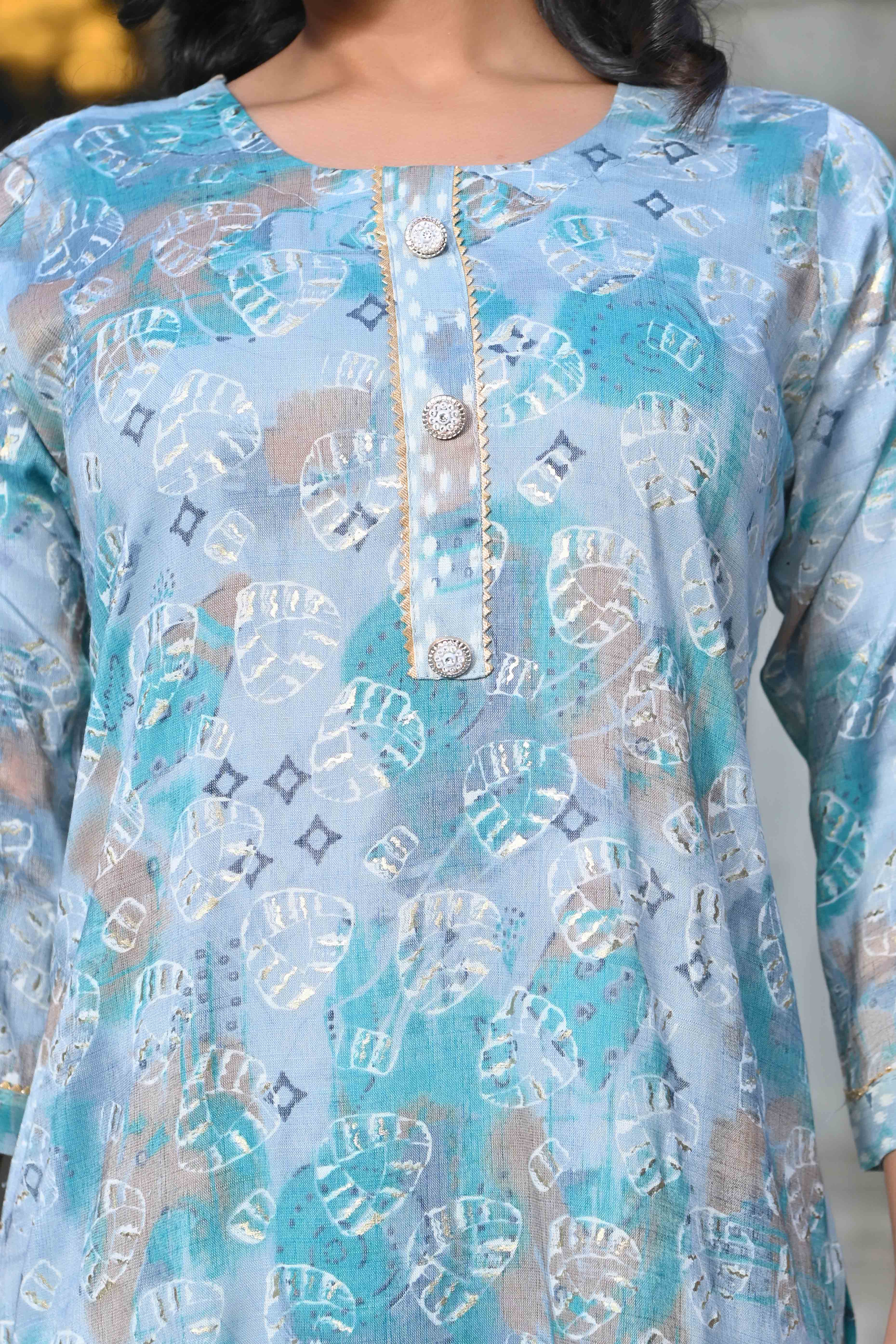 BlackTree grey-turquoise-floral-foil-printed-rayon-salwar-suit - view 2