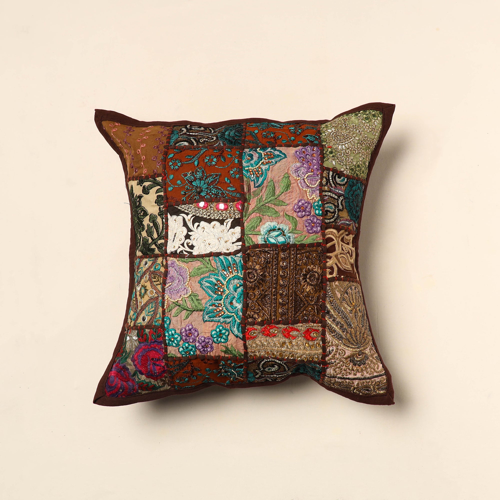 HAVELI CHRONICLES Brown - Elegant Khambadiya Patchwork Cushion Cover (16 x 16 in) 02