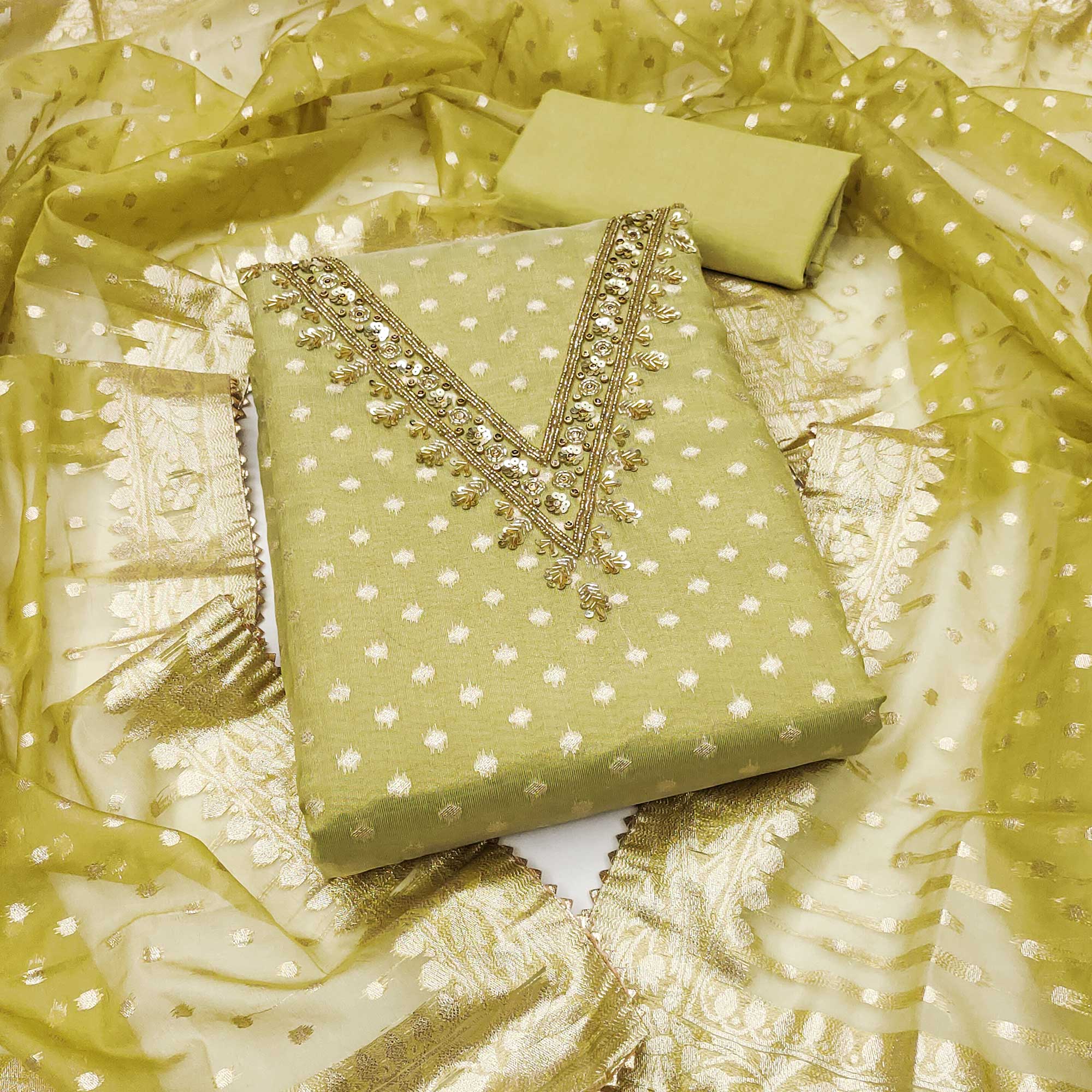Green dress materials (unstitched) – BlackTree green-woven-with-sequins-embroidered-chanderi-silk-dress-material