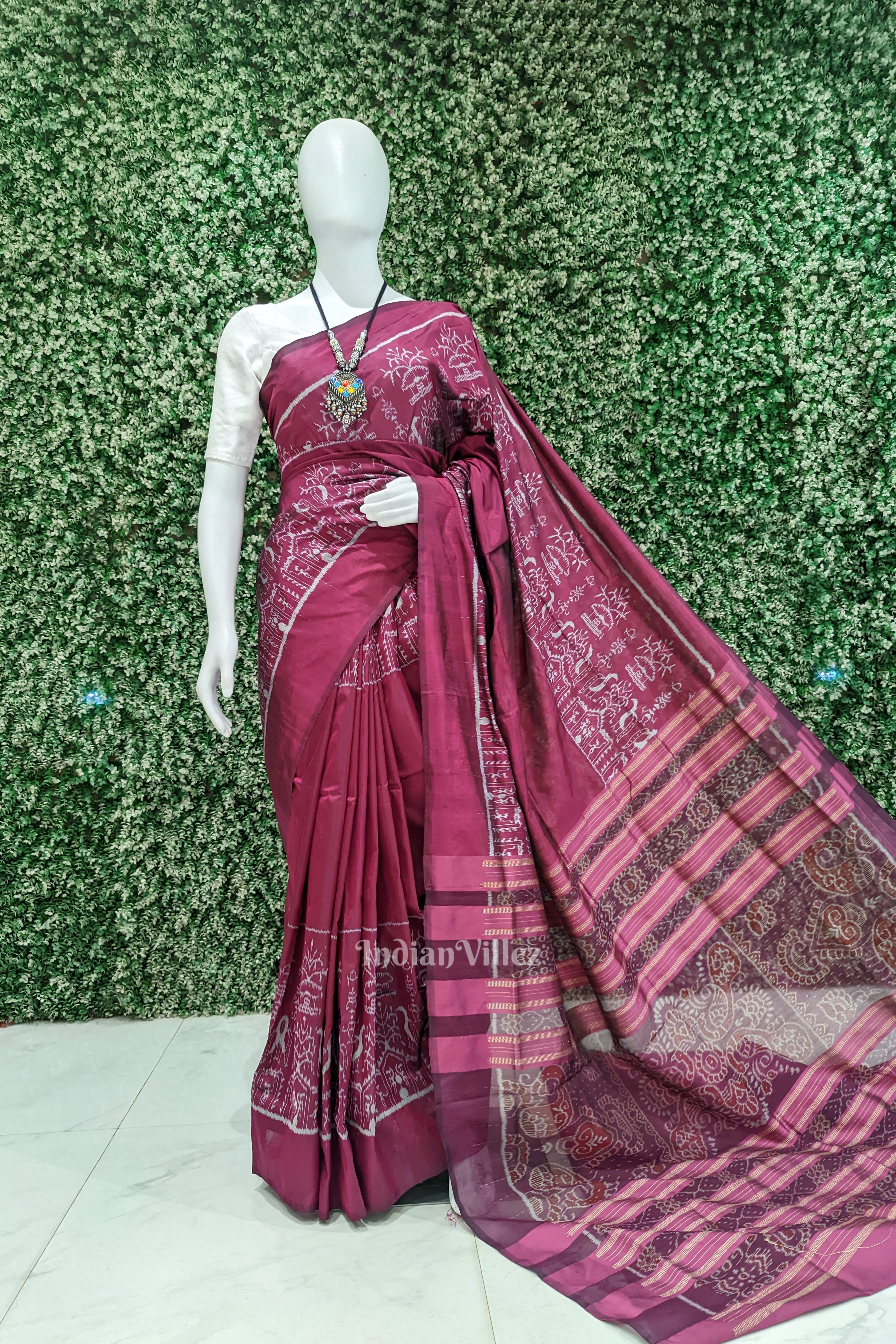IndianVillèz Wine Color Tribal Theme Sambalpuri Silk Saree