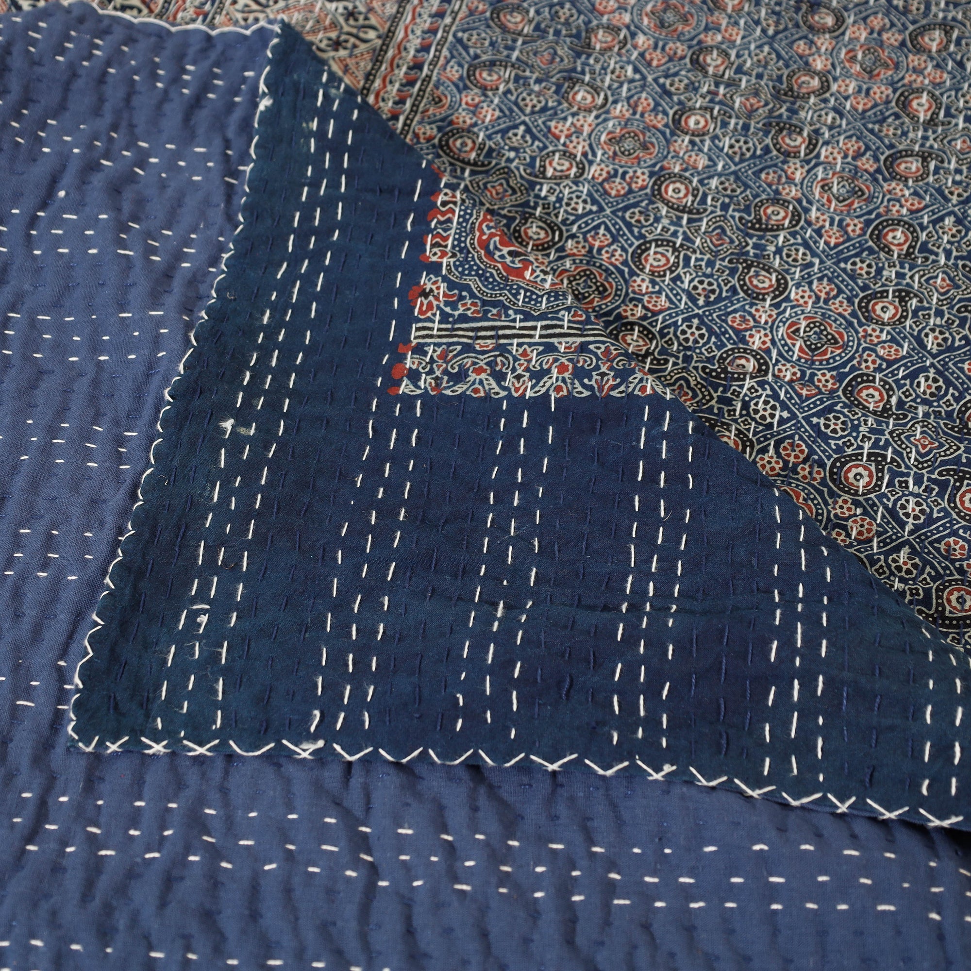 SHADES OF MARUDHARA Blue - Ajrakh Block Printed Kantha Work Cotton Double Bed Cover (105 x 90 in) - view 4