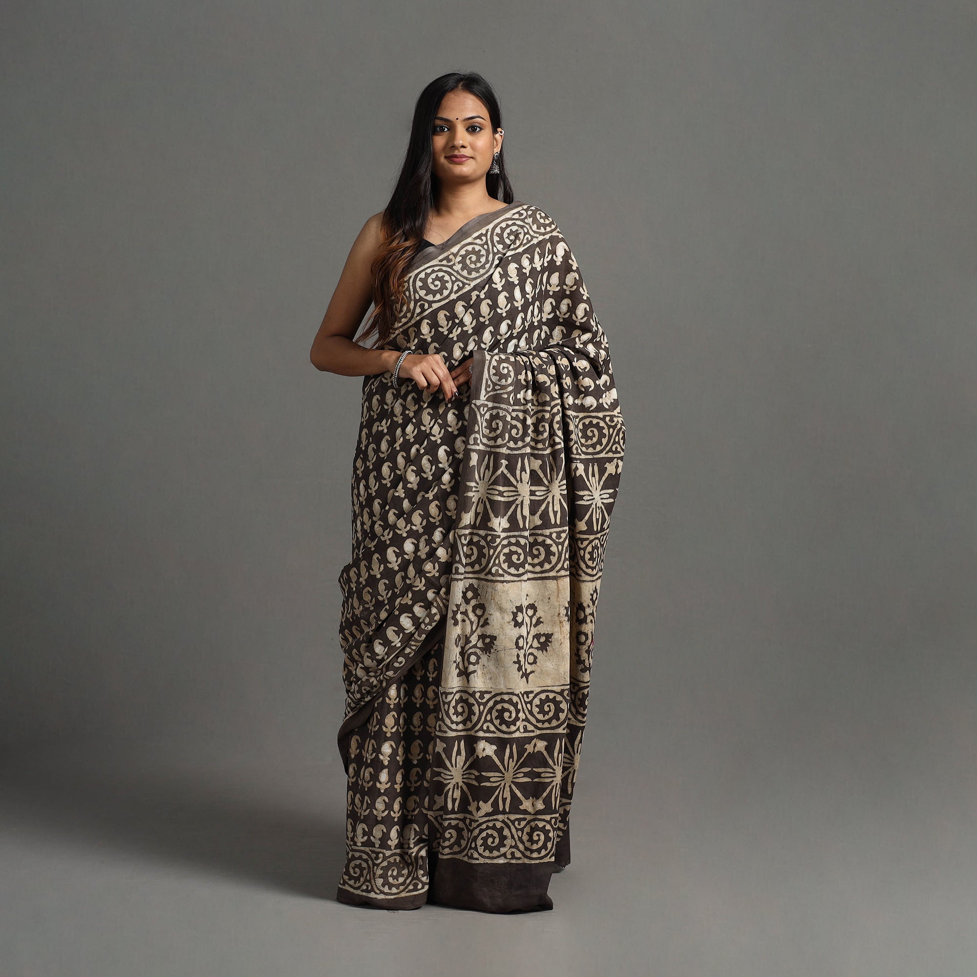 HAVELI CHRONICLES Brown - Natural Dyed Block Print Cotton Pipad Saree 06