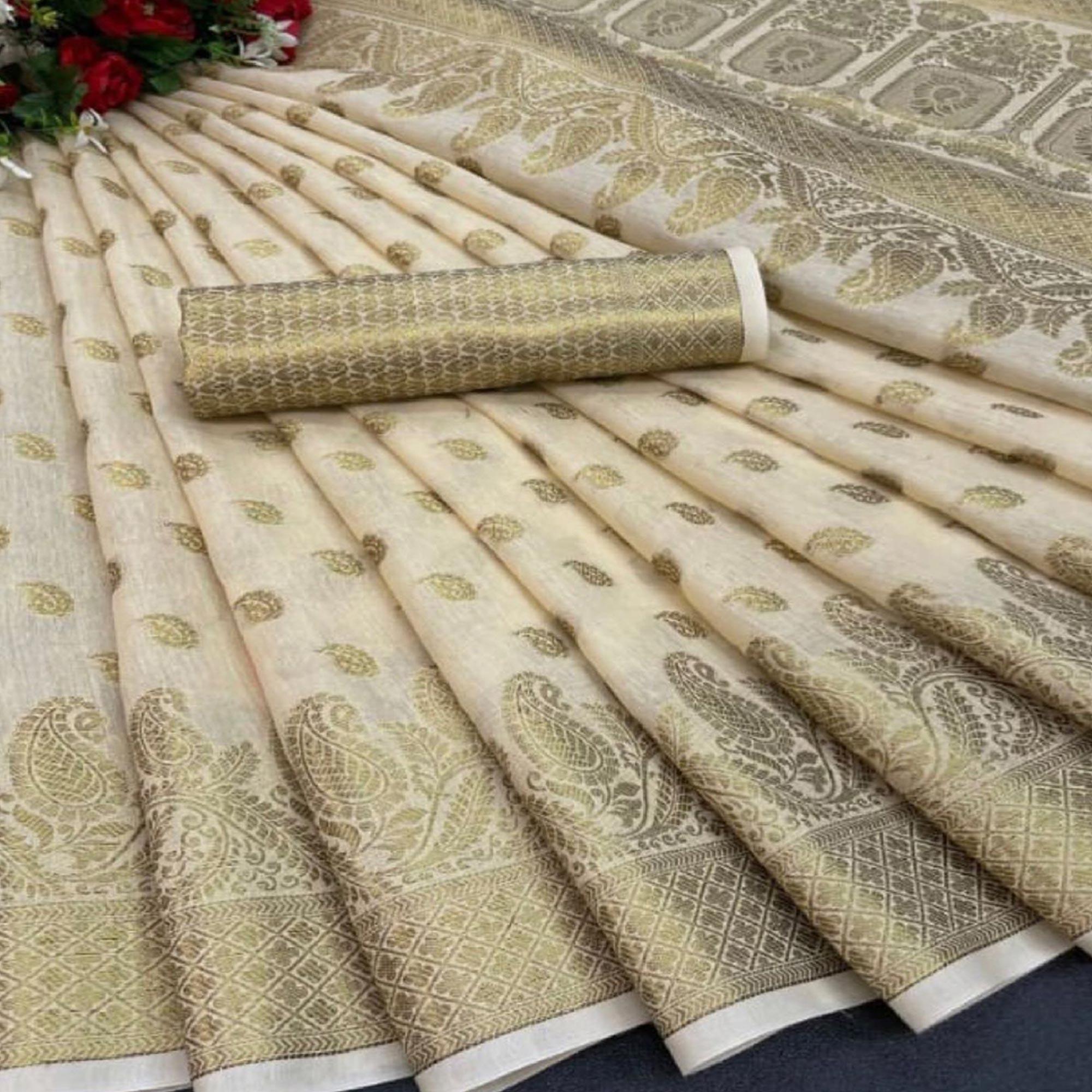 Peachmode Cream Festive Wear Woven Cotton Saree With Zari Border