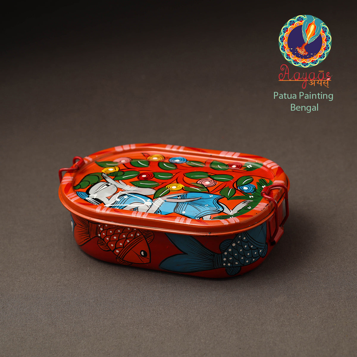 AAYAAS Bengal Patua Handpainted Stainless Steel Rectangle Lunch Box (6 x 4 in)
