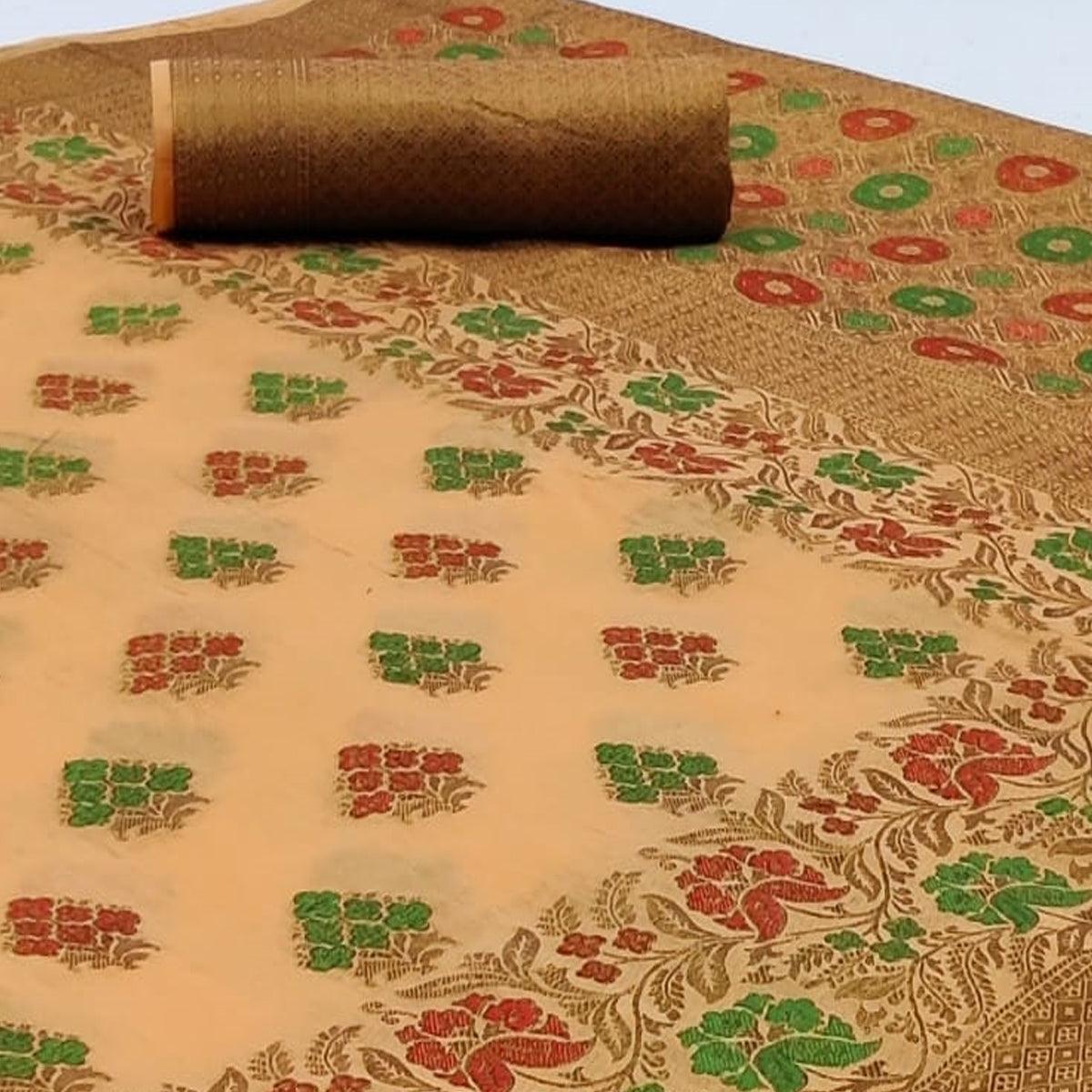 Peachmode Elegant Light Peach Colored Festive Wear Woven Cotton Saree - view 2