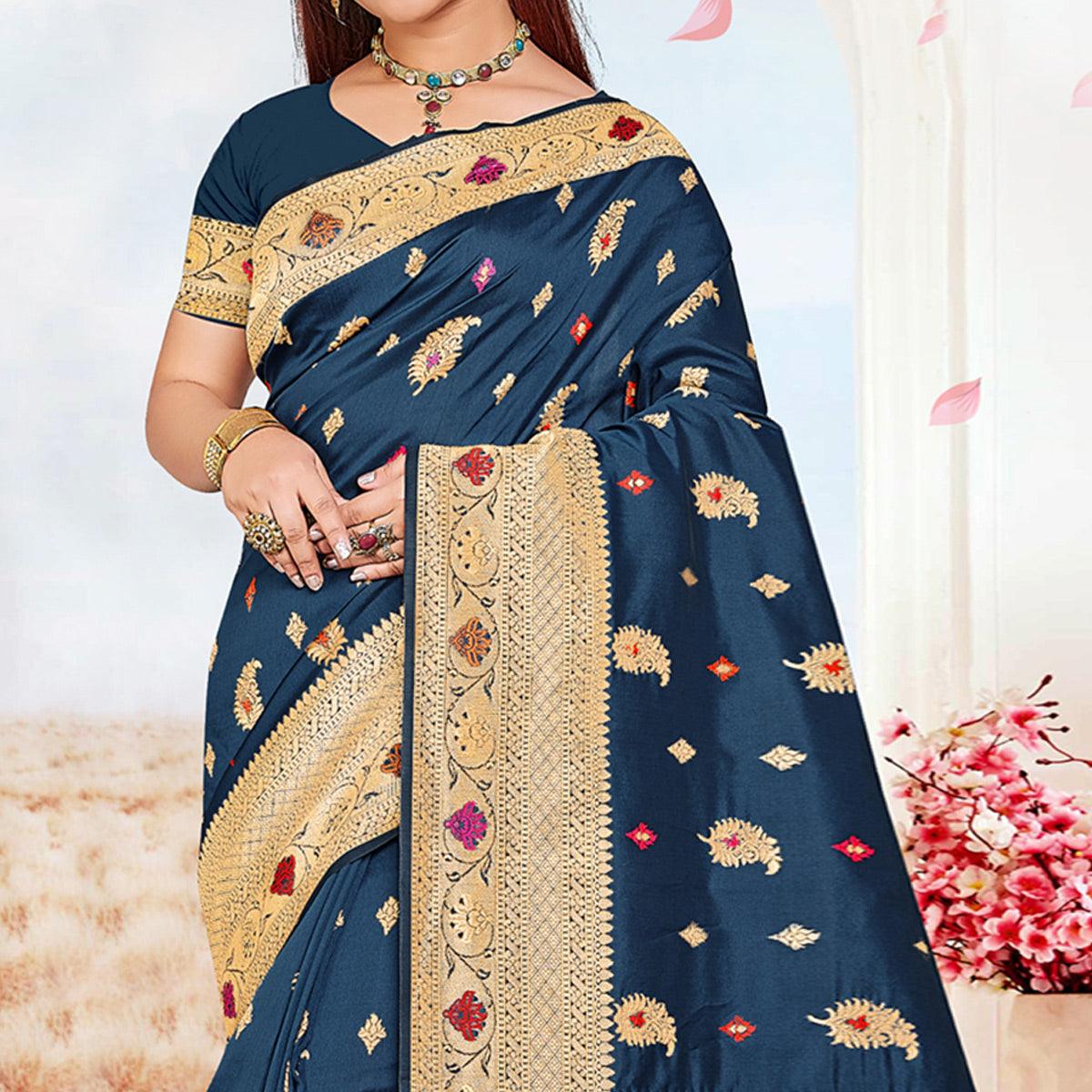 Peachmode Dark Blue Festive Wear Woven Jari Border Soft Silk Saree - view 2