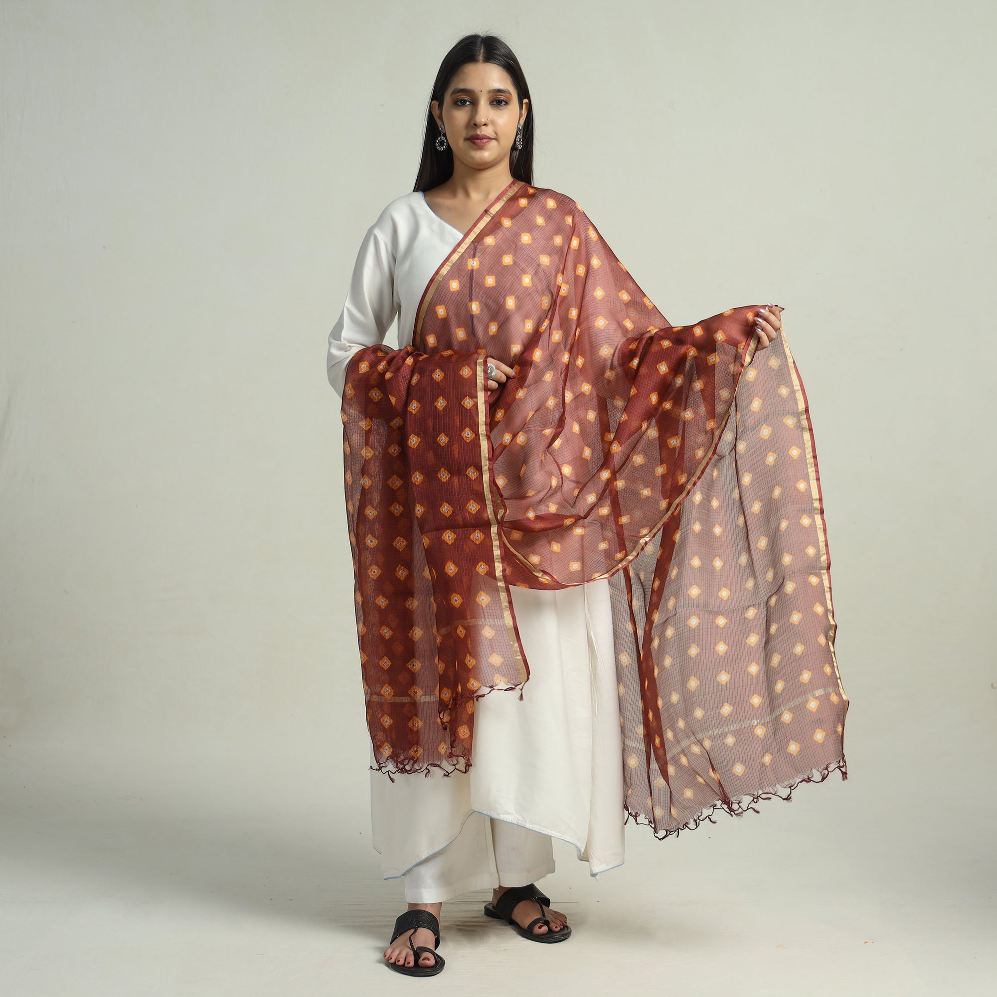LEHARIYA BY BADSHAH MIYAN Brown - Kutch Bandhani Tie-Dye Kota Doria Silk Dupatta with Zari Border 59 - view 2