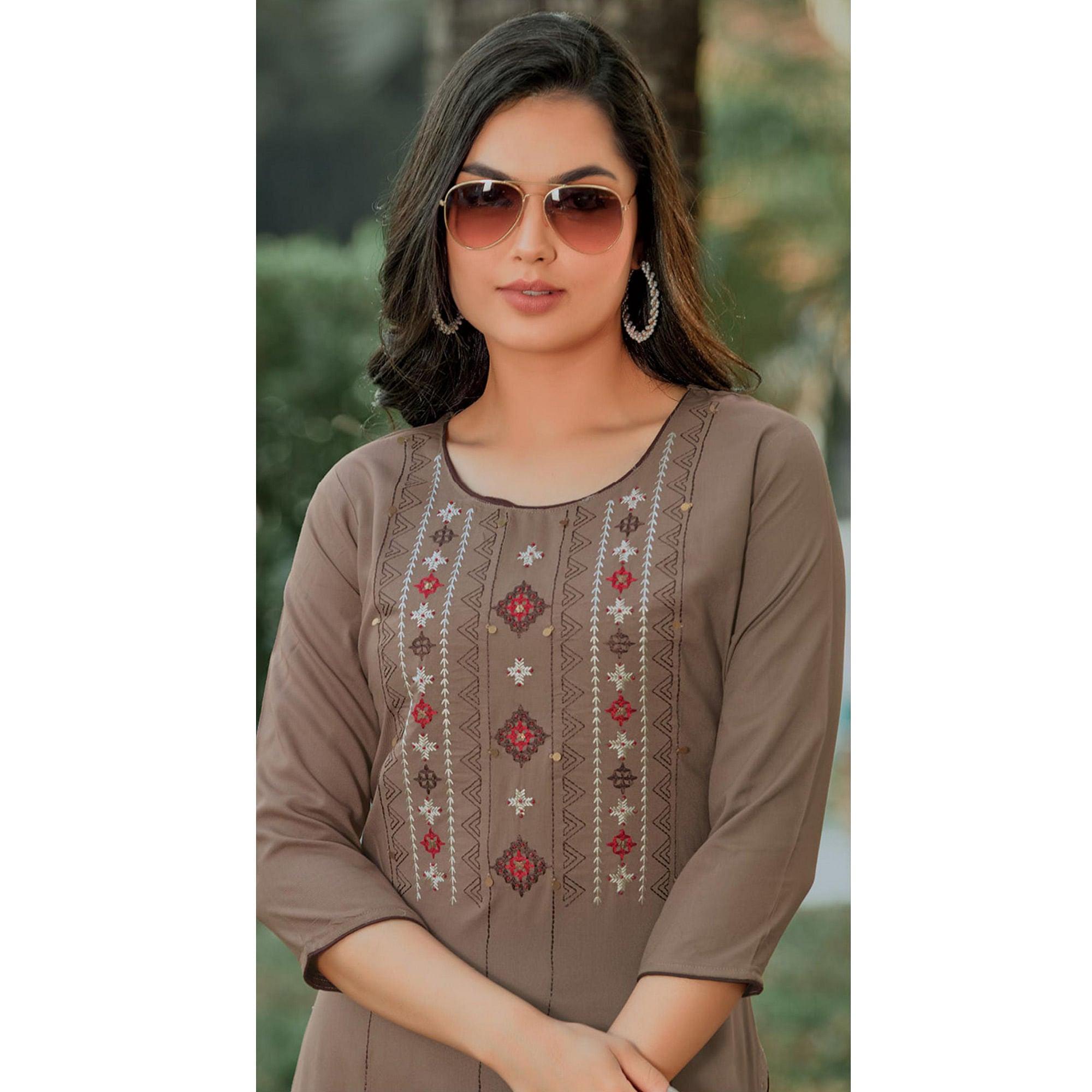 Peachmode Seller Brown Embroidered Pure Cotton Kurti - view 2