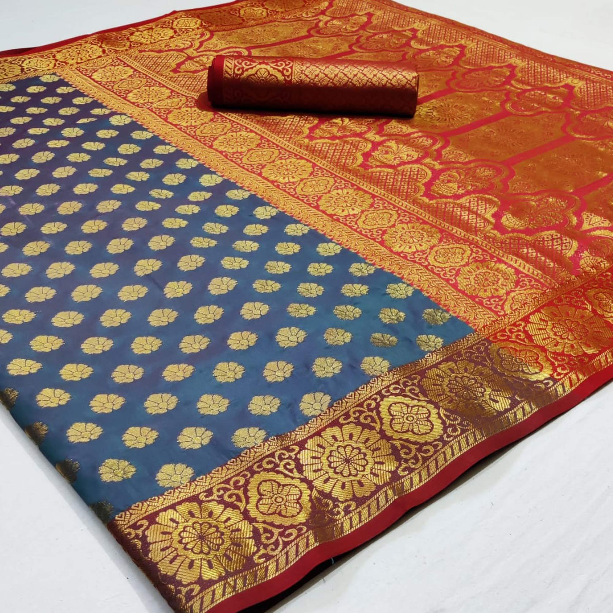 Peachmode Energetic Grey Colored Festive Wear Woven Heavy Silk Saree