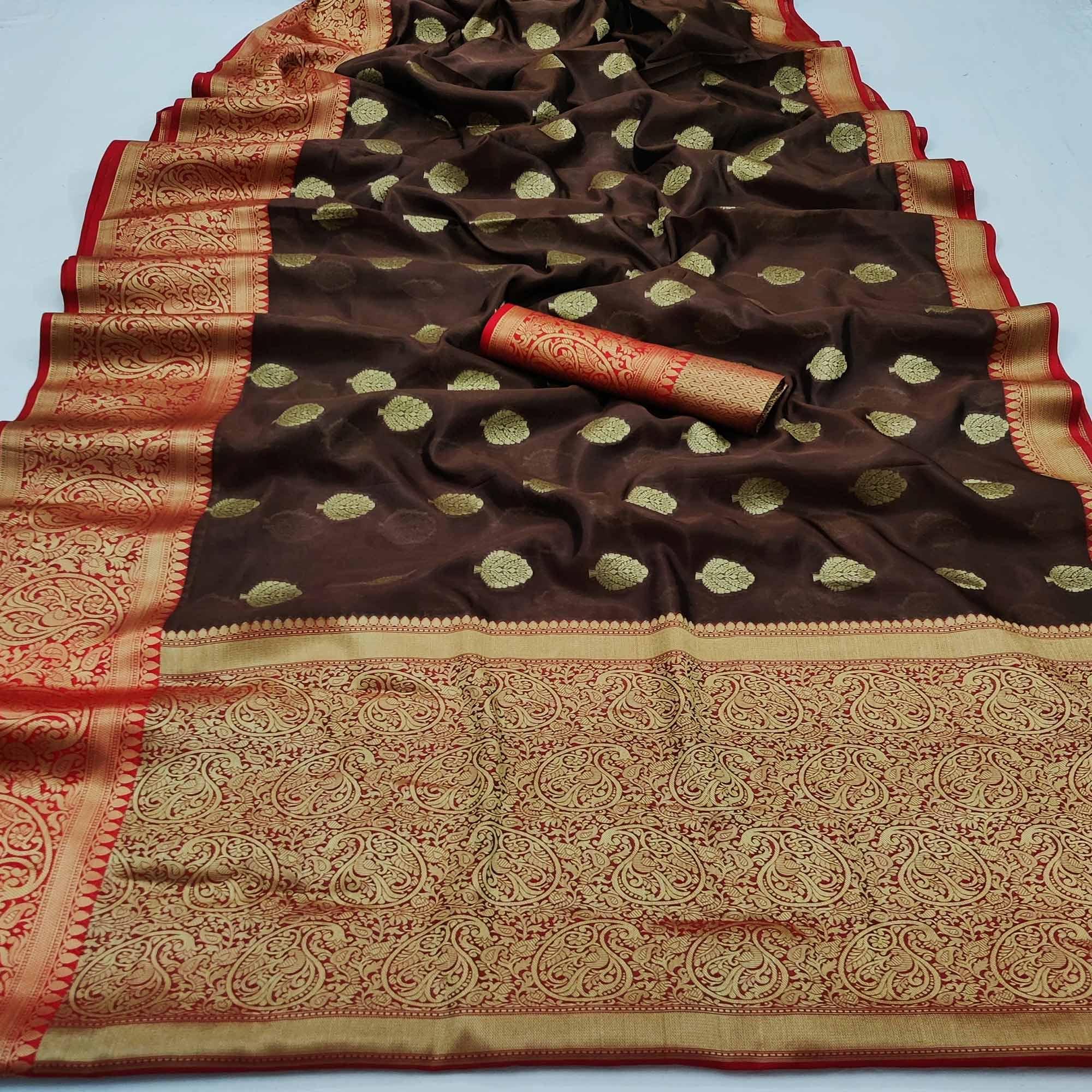 Peachmode Brown Festive Wear Woven Silk Saree - view 2