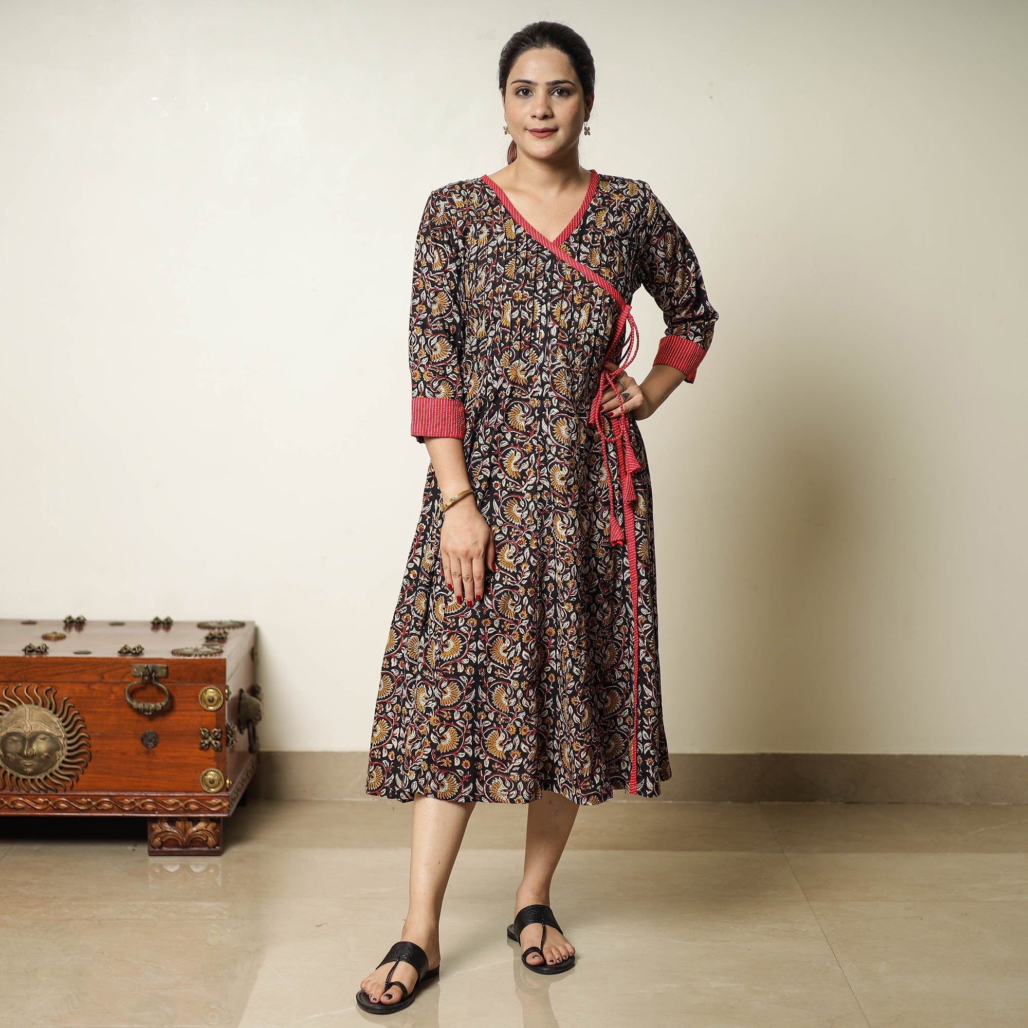ITOKRI CASUALS Black - Bagru Block Printed Cotton Angrakha Flared Dress 09