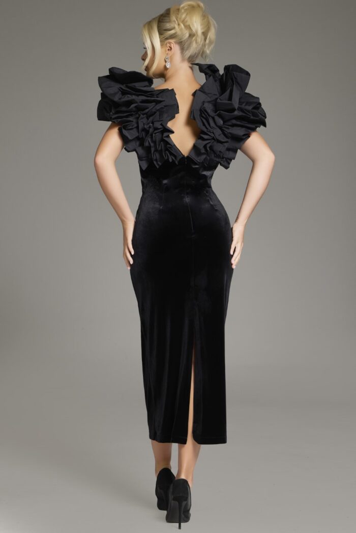 Jovani 39978 Ruffle Tea Length Velvet Formal Dress - view 2