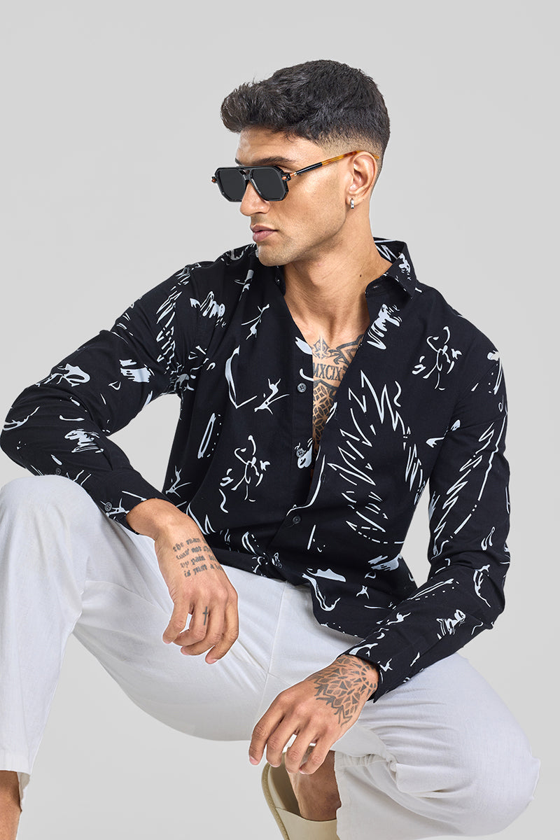 SNITCH Black Abstract Slim Fit Shirt - view 4