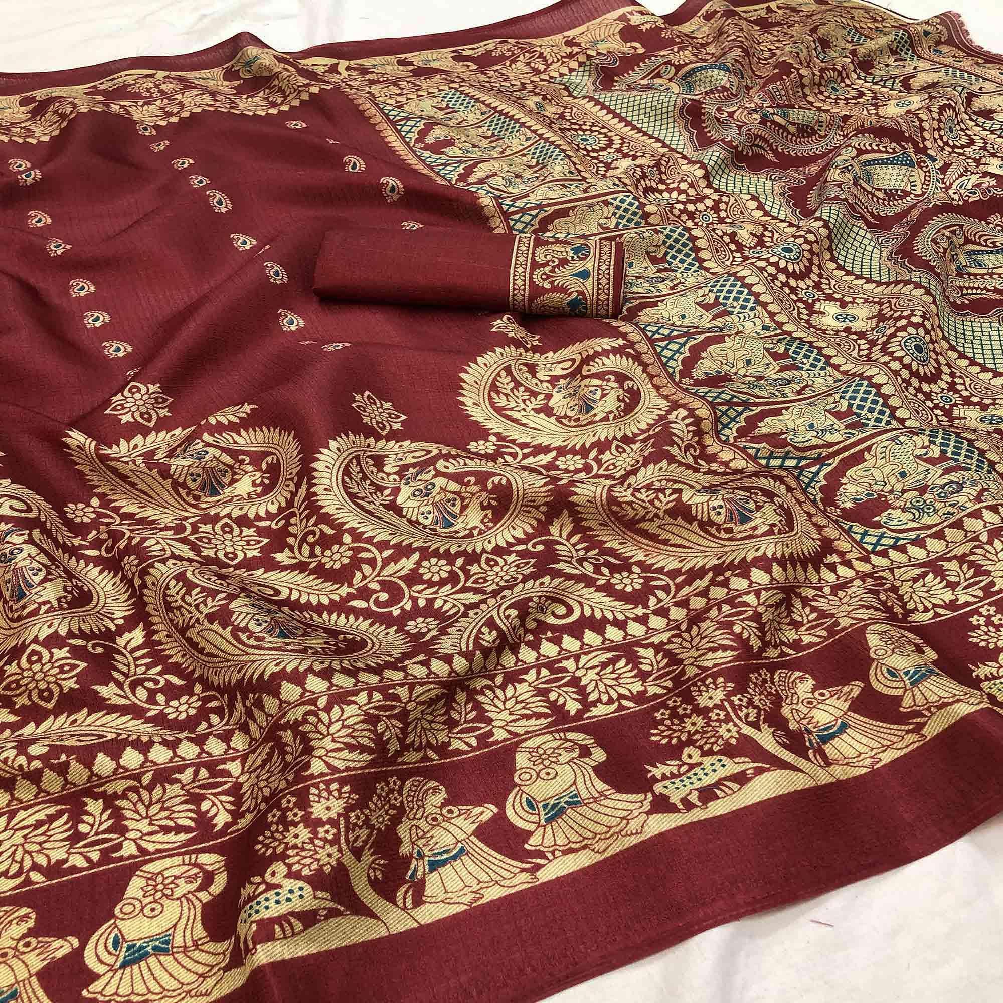 Peachmode Engrossing Red Colored Festive Wear Printed Art Silk Saree