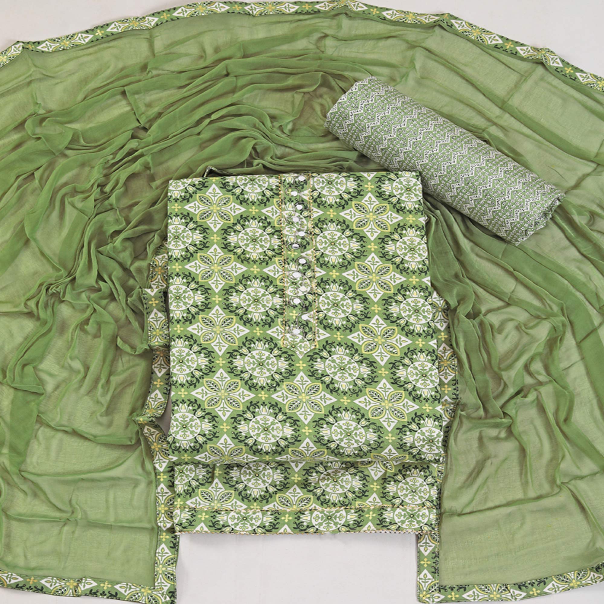 Green dresses – BlackTree green-floral-foil-printed-with-handwork-pure-cotton-dress-material