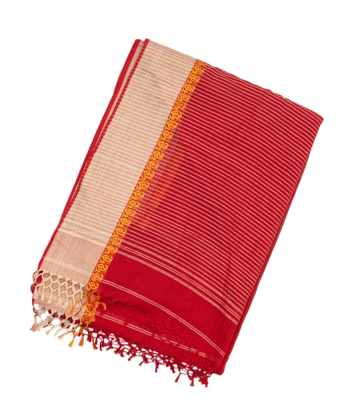 RmKV Red Handloom Bengal Cotton Saree With Mango Buttas