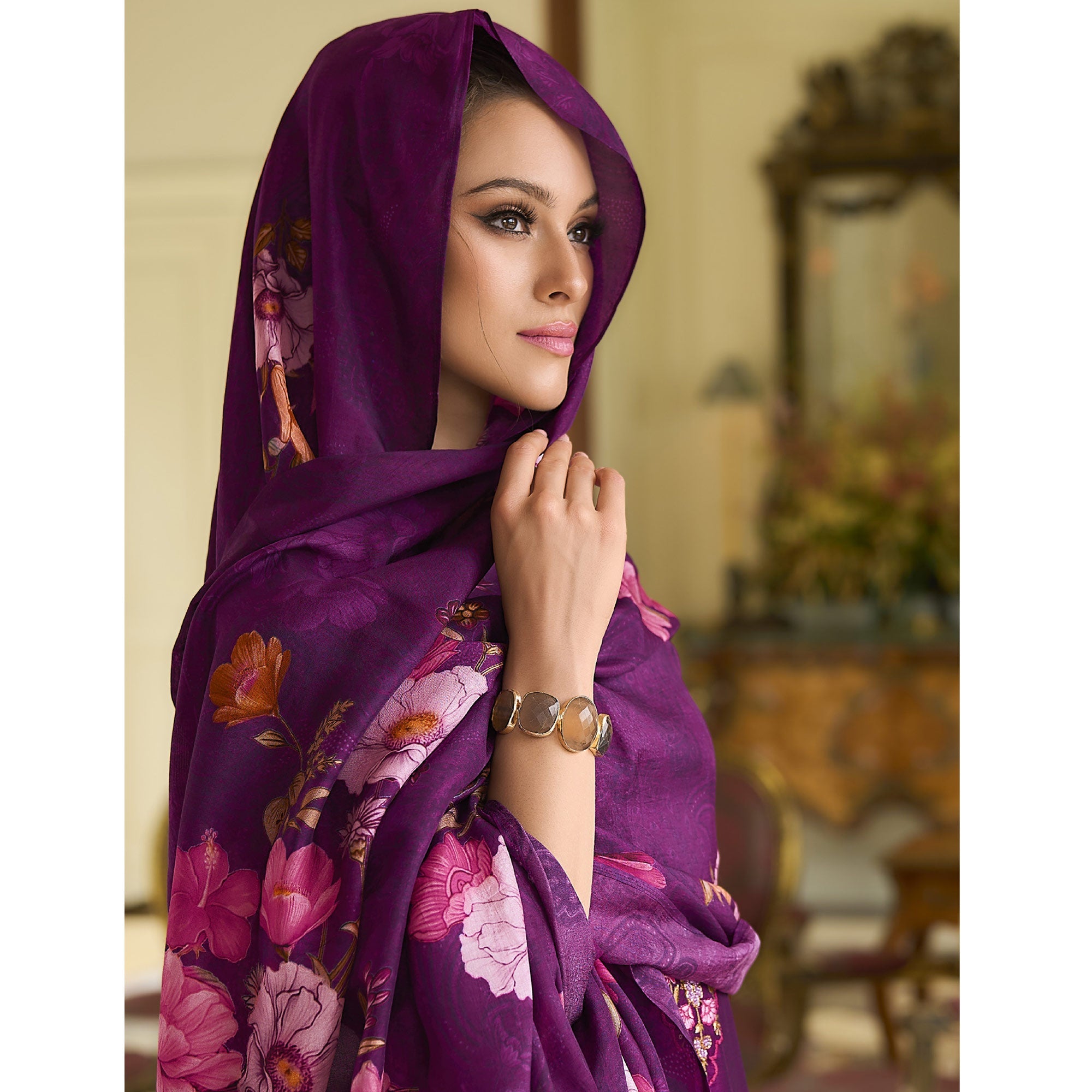 Peachmode Dark Purple Embroidered Vichitra Silk Anarkali Salwar Suit - view 6