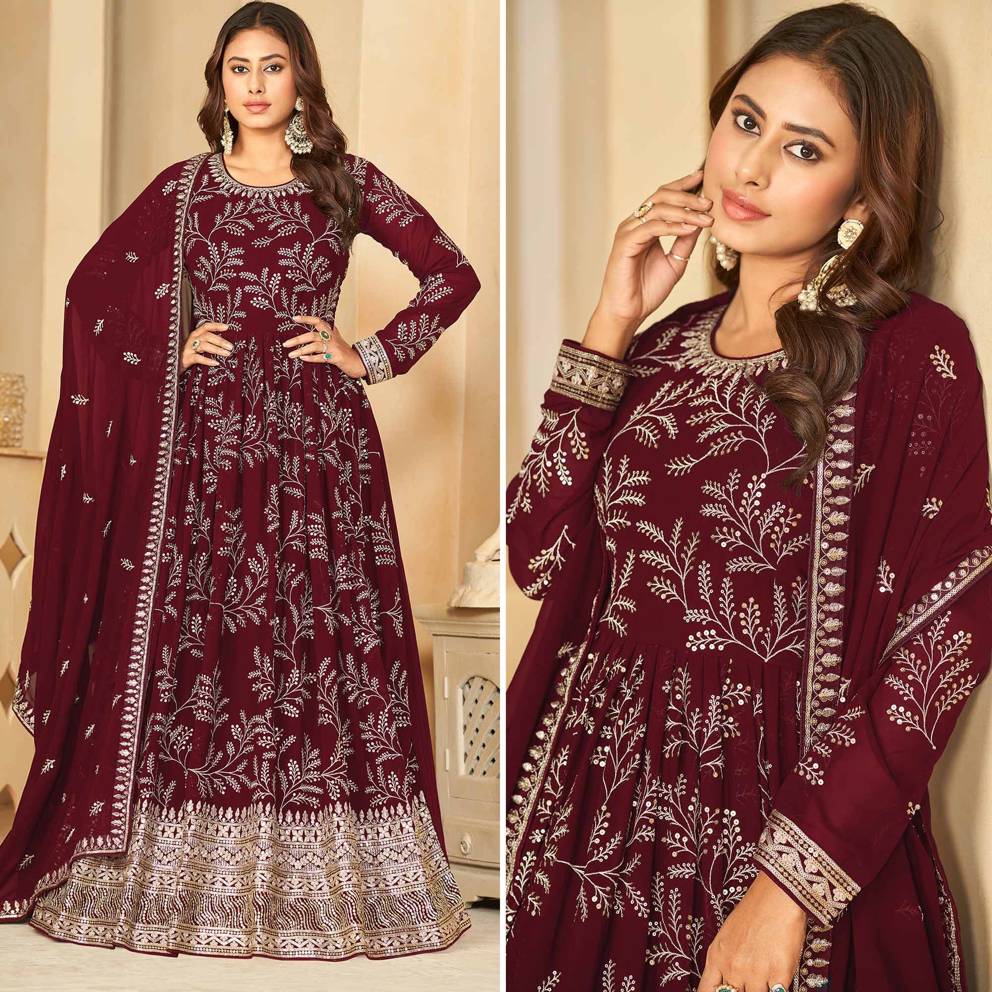 Peachmode Maroon Sequins Embroidered Georgette Anarkali Style Semi Stitched Gown