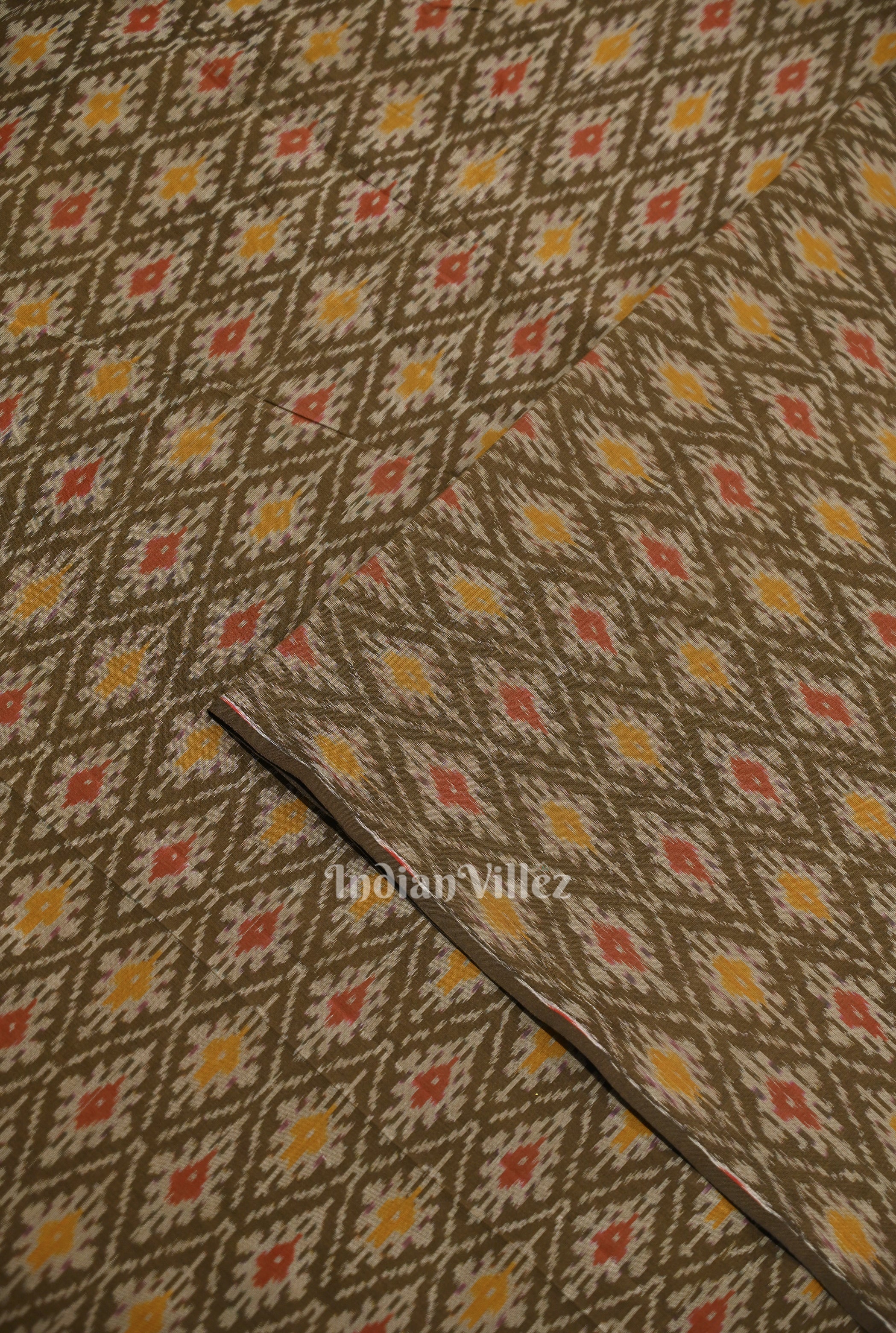 IndianVillèz Olive Haze Pochampally Ikat Silk & Cotton (Sico) Fabric - view 2