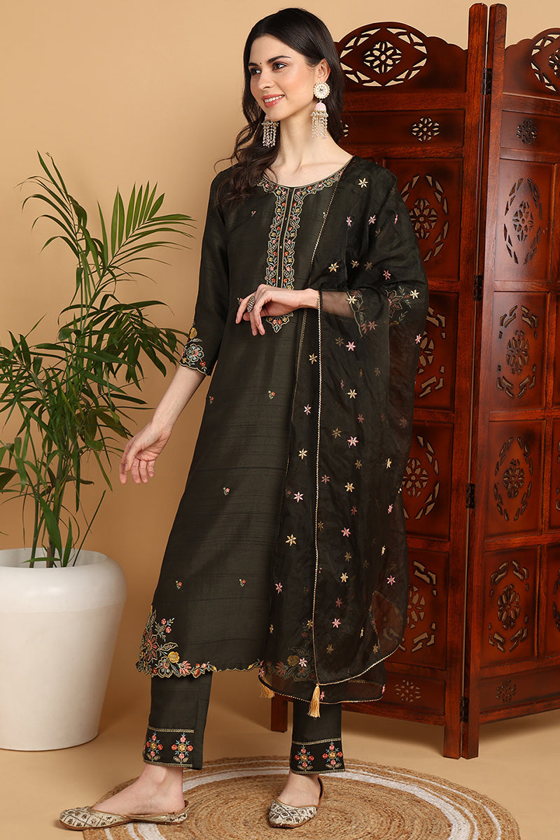Ahika Olive Green Silk Blend Floral Embroidered Straight Suit Set PKSKD2239 - view 3