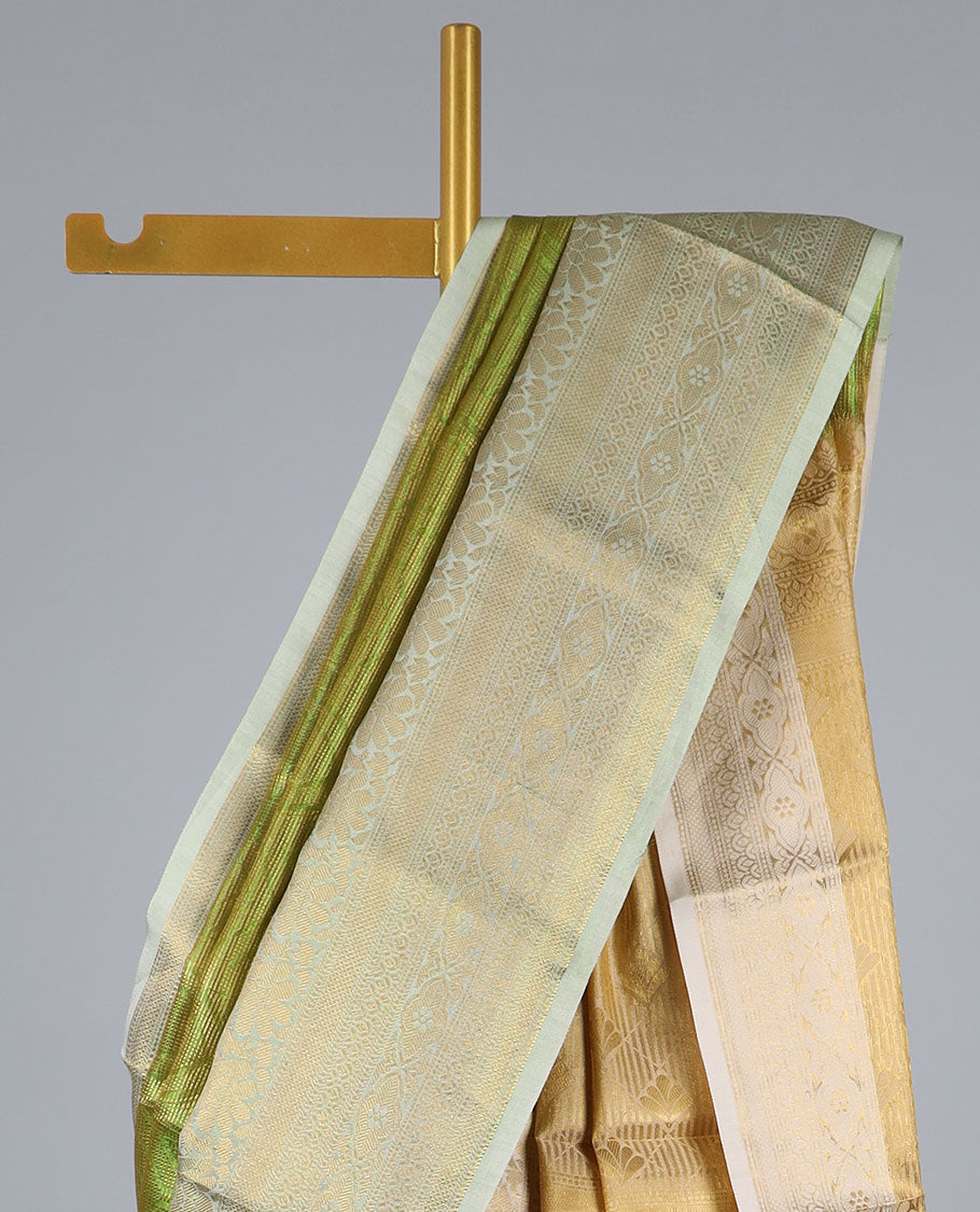 Pothys Green jacquard semi-banaras tissue saree, contrast traditional design zari border & pallu of intricate designs - view 2