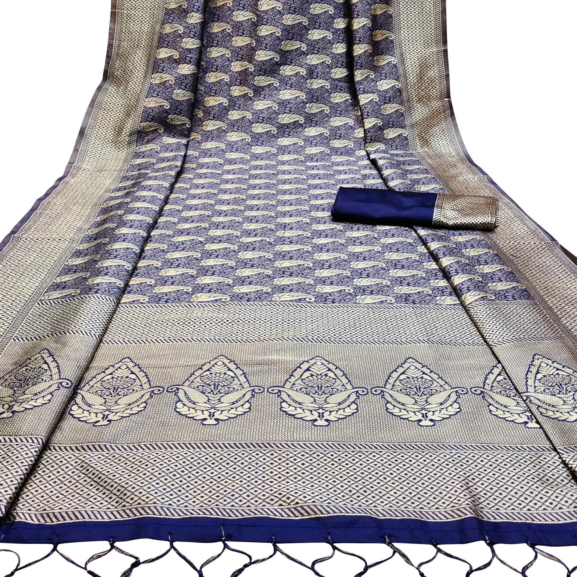 Peachmode Delightful Navy Blue Colored Festive Wear Woven Banarasi Silk Saree With Tassels