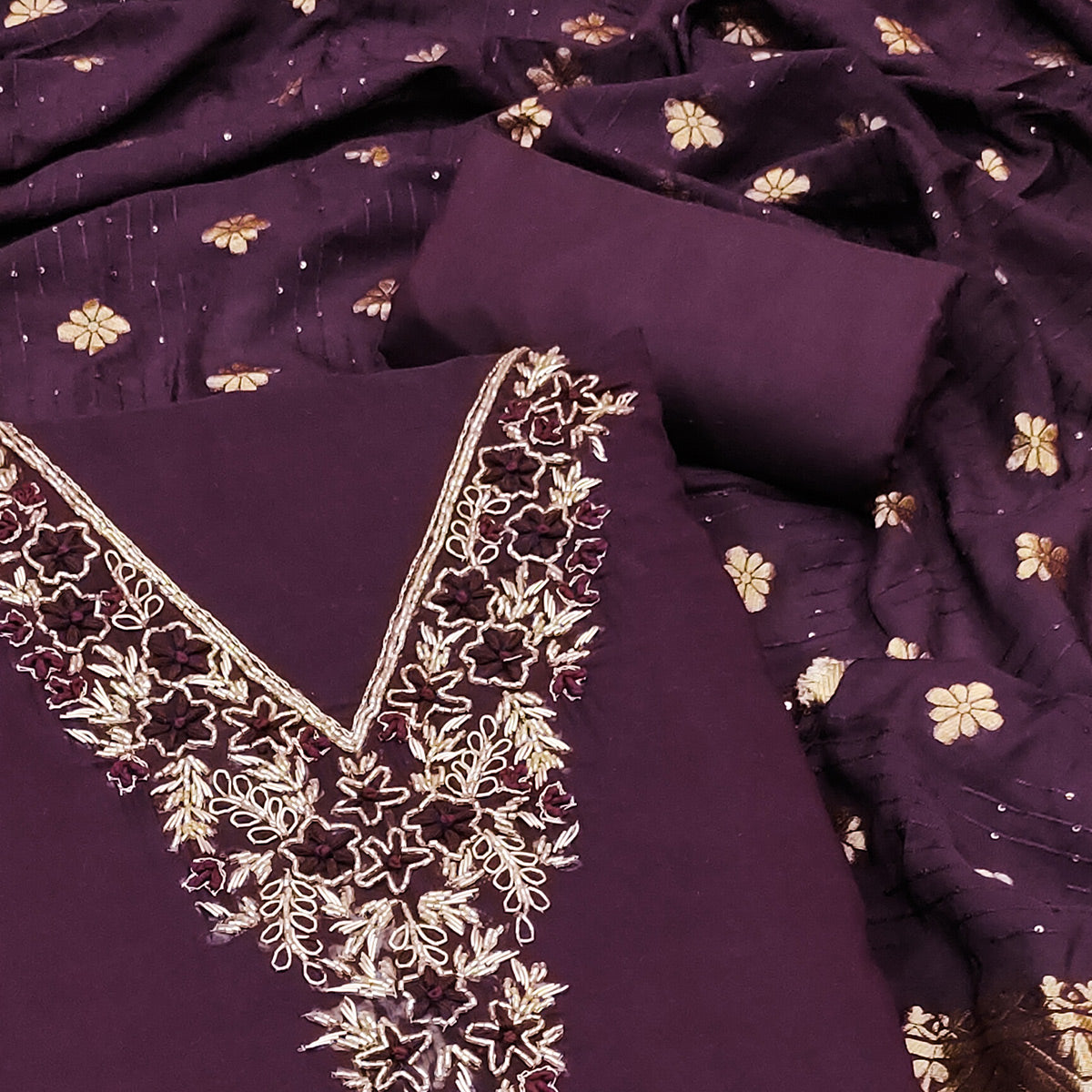 Peachmode Purple Beads Embroidered Viscose Dress Material - view 2