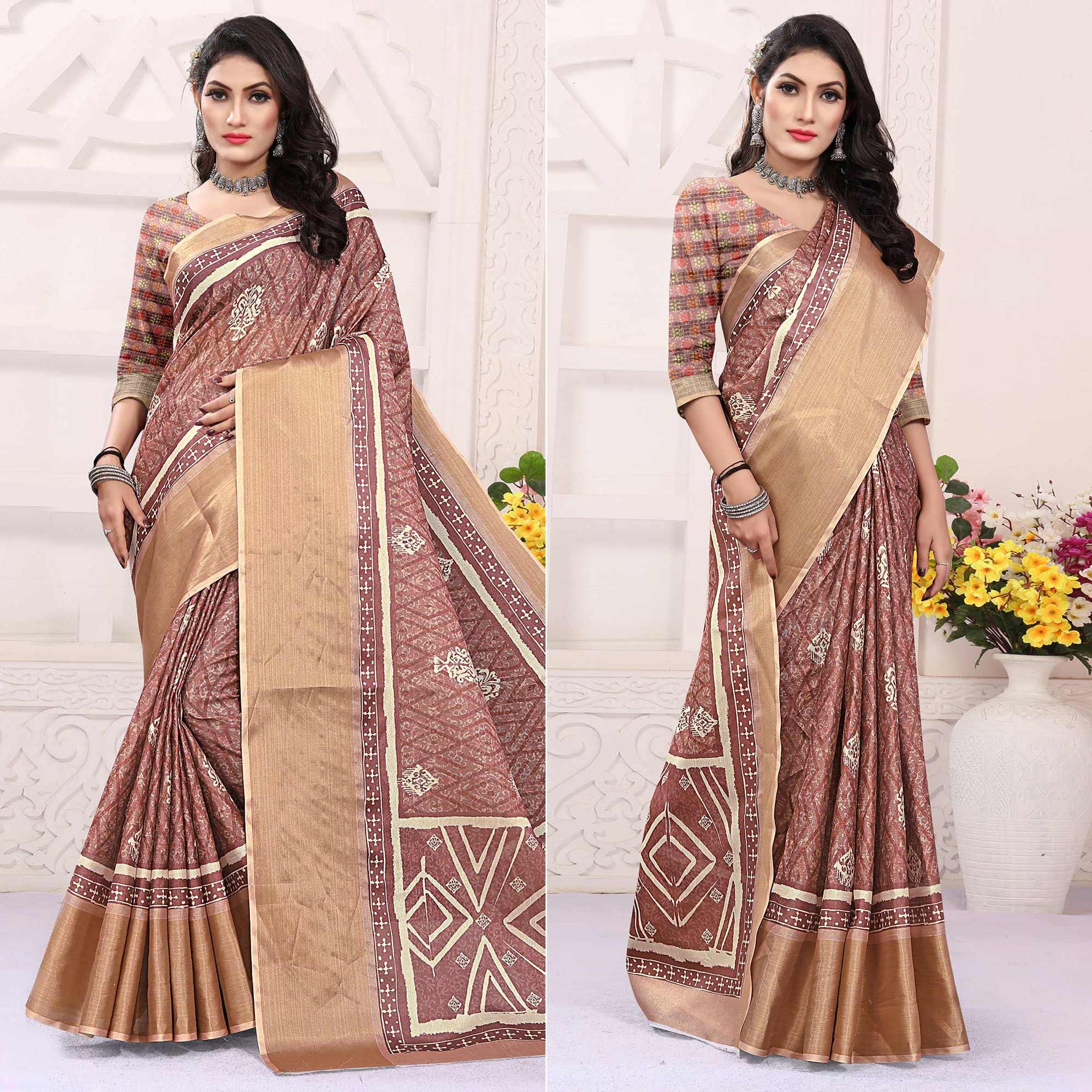 Peachmode Mauve Casual Wear Digital Printed Cotton Silk Saree