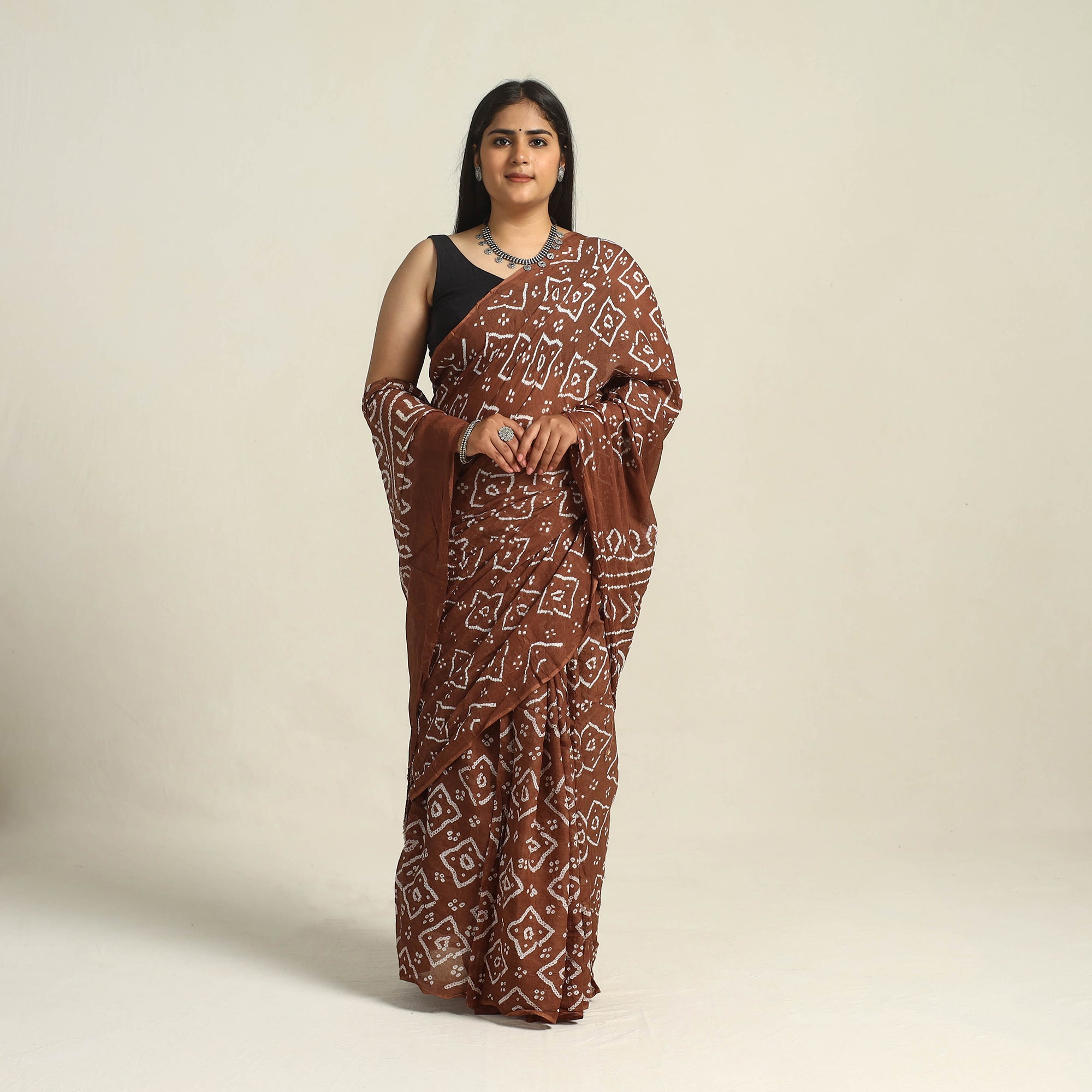 KACHCHH JI CHHAAP Brown - Kutch Bandhani Tie-Dye Cotton Saree with Blouse Piece