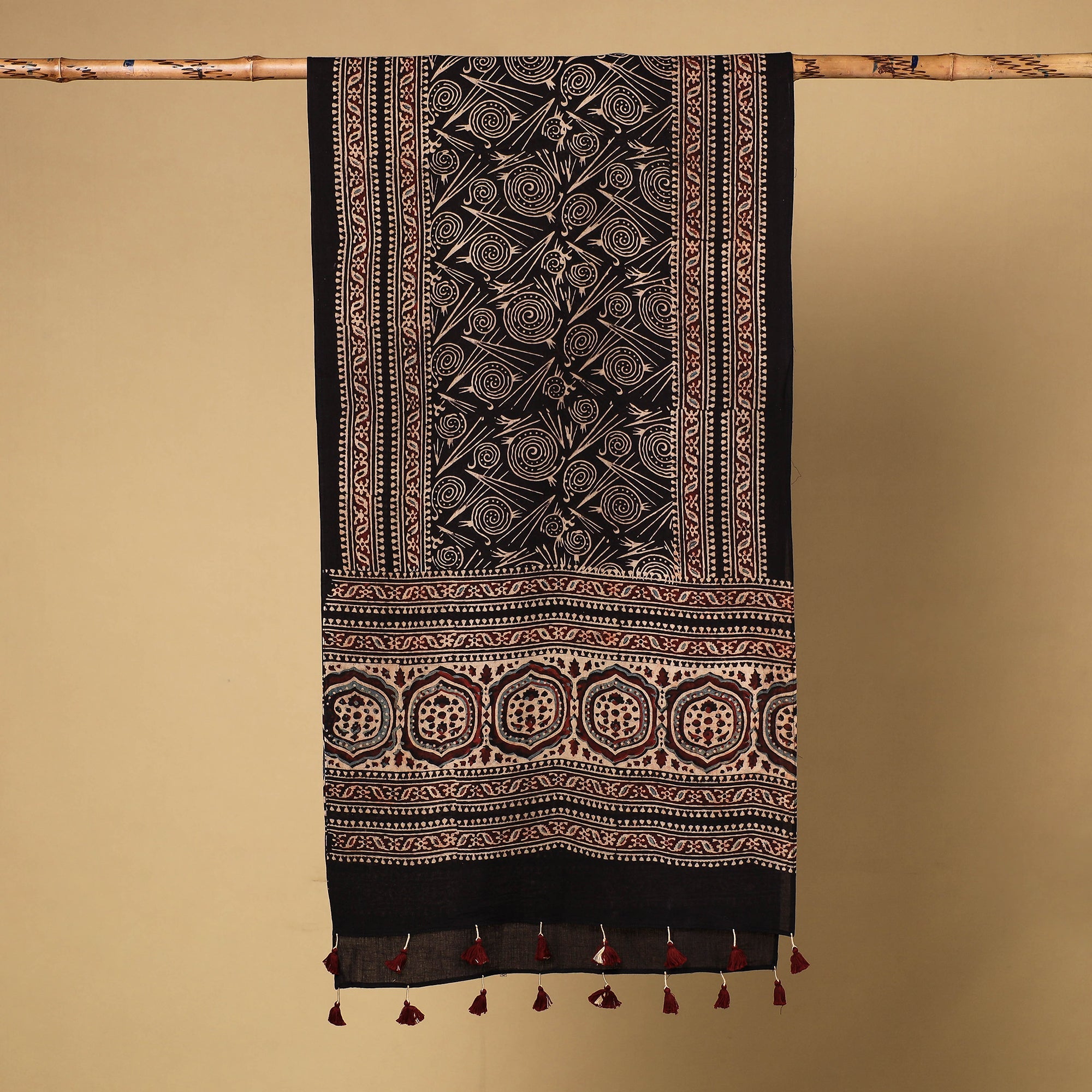 RIYAZ ABDULMAJID KHATRI - AJRAKH Black - Ajrakh Block Printed Mul Cotton Stole with Tassels - view 2