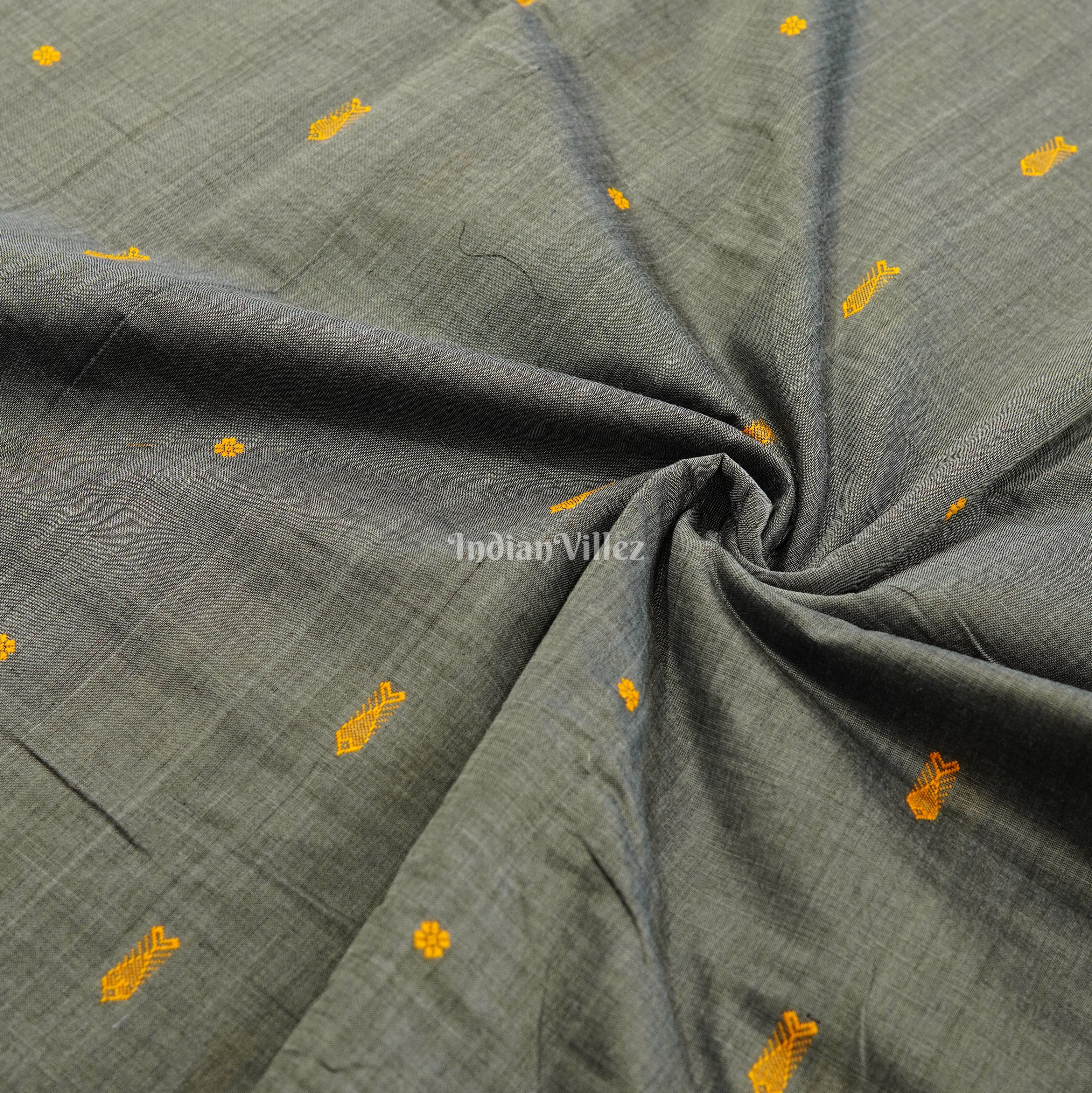 IndianVillèz Dark Grey Fish & Flower Motif Bomkai Cotton Fabric