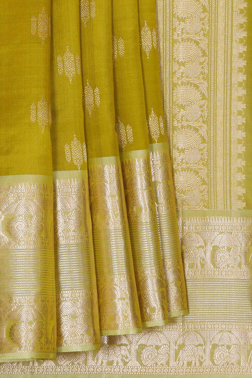 Kalanjali Kanchi Kora Golden Green Brocade Saree