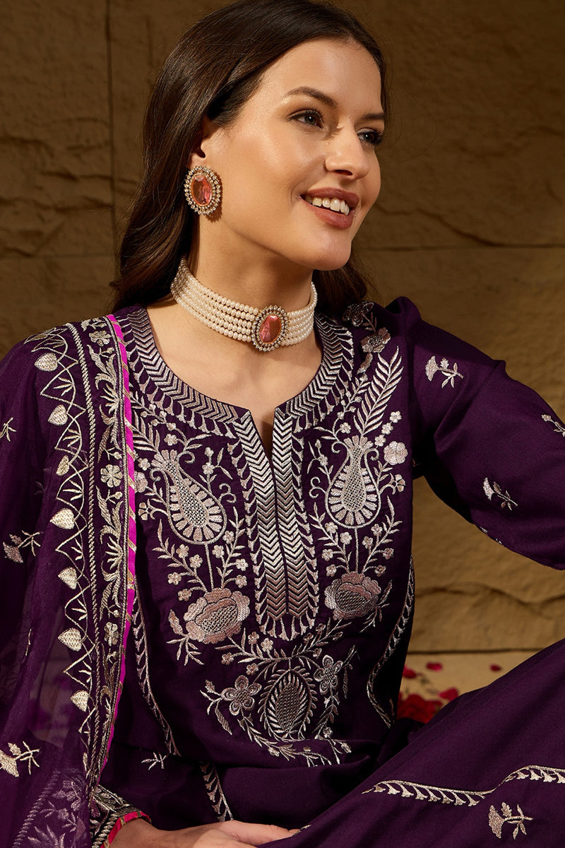Ahika Purple Silk Blend Yoke Design Zari Straight Palazzo Suit Set PKSKD2488 - view 2