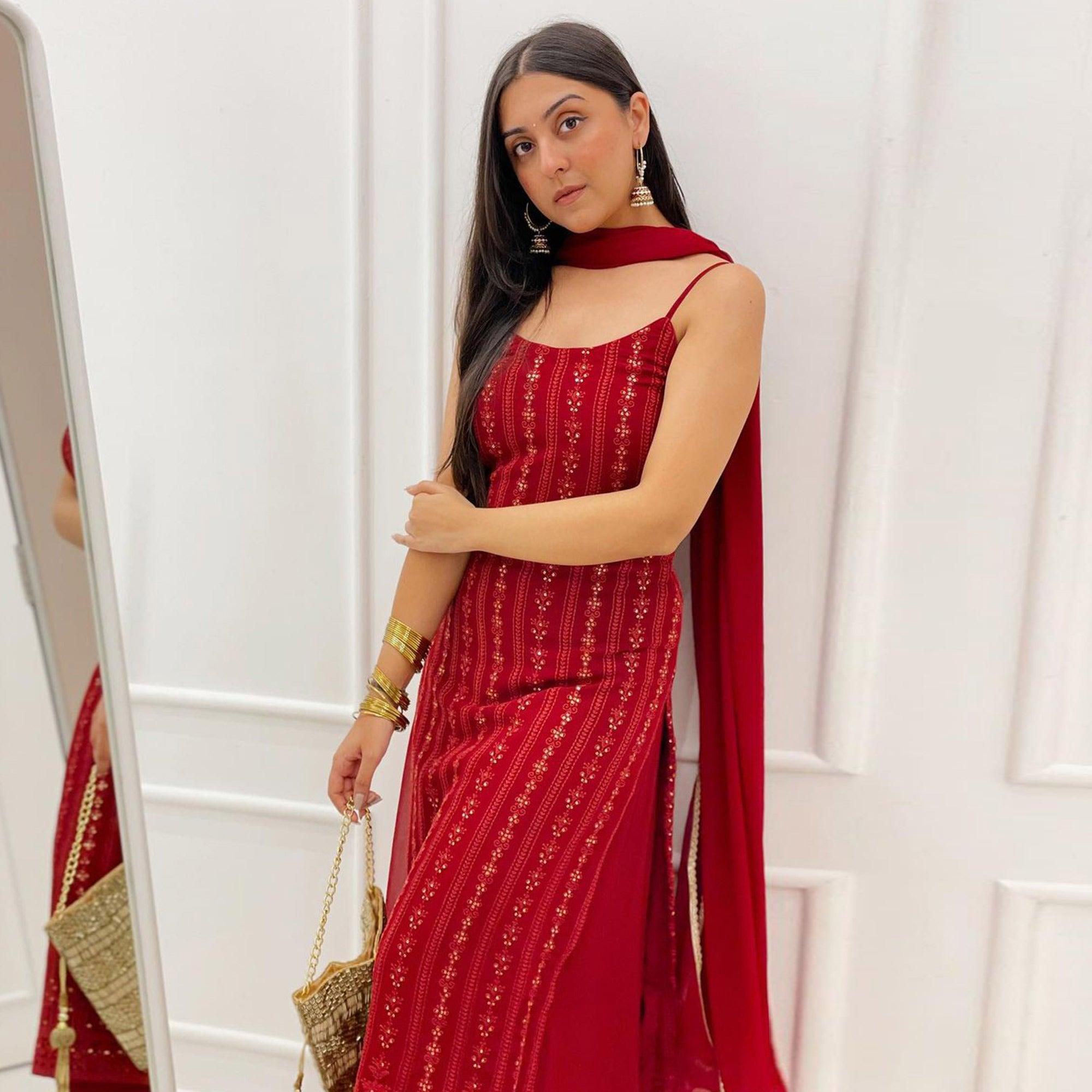 Peachmode Seller Light Maroon Partywear Lakhnavi Sequins Embroidered Georgette Palazzo Suit with Dupatta - view 4