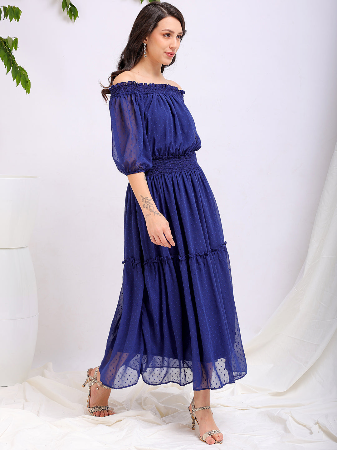 Freehand By The Indian Garage Co Women's Textured Fit and Flare Offshoulder Tiered Dress - view 7