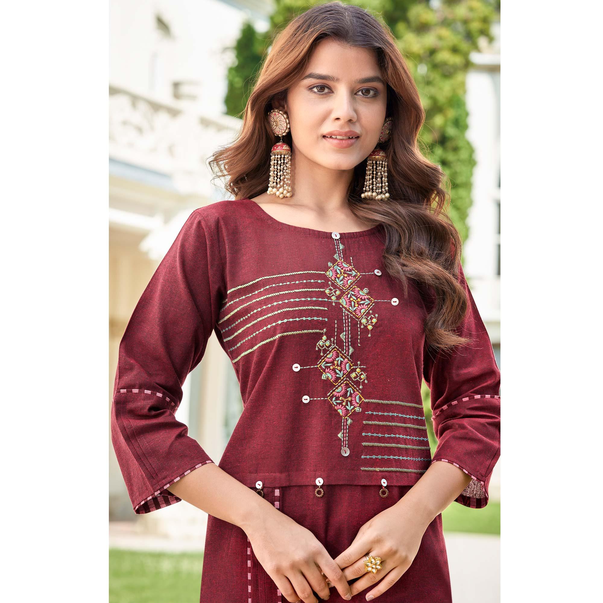 Peachmode Seller Maroon Casual Wear Embroidered Cotton Kurti Pant Set - view 2