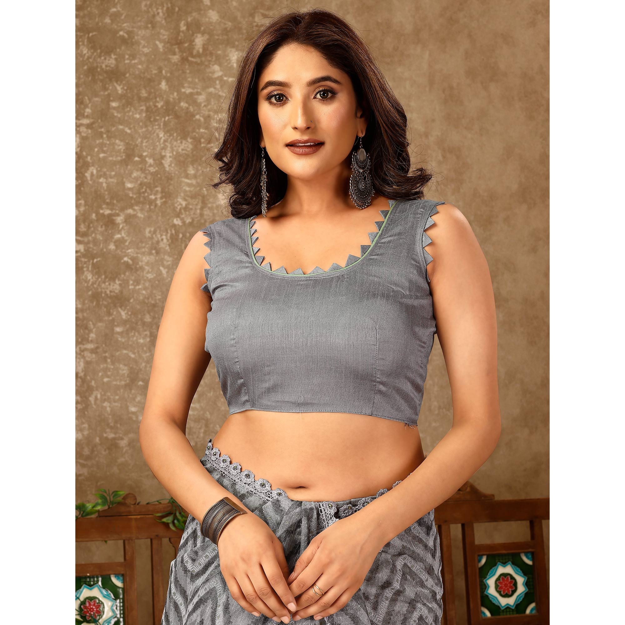 Peachmode Seller Grey Zig Zag Printed With Stone Work Organza Ready To Wear Saree - view 9