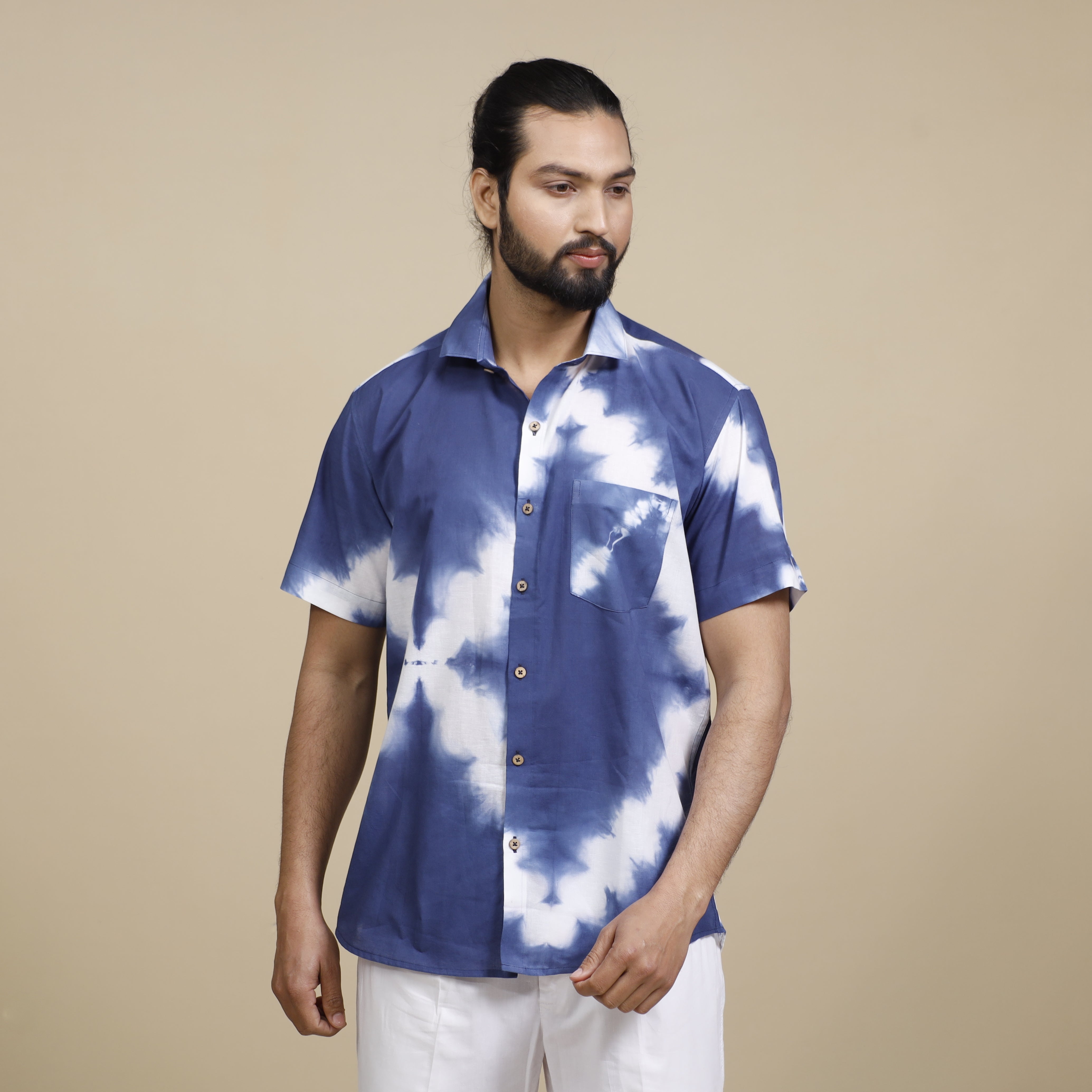 ITOKRI CASUALS Blue & White Shibori Tie-dye Cotton Men Half Sleeve Shirt