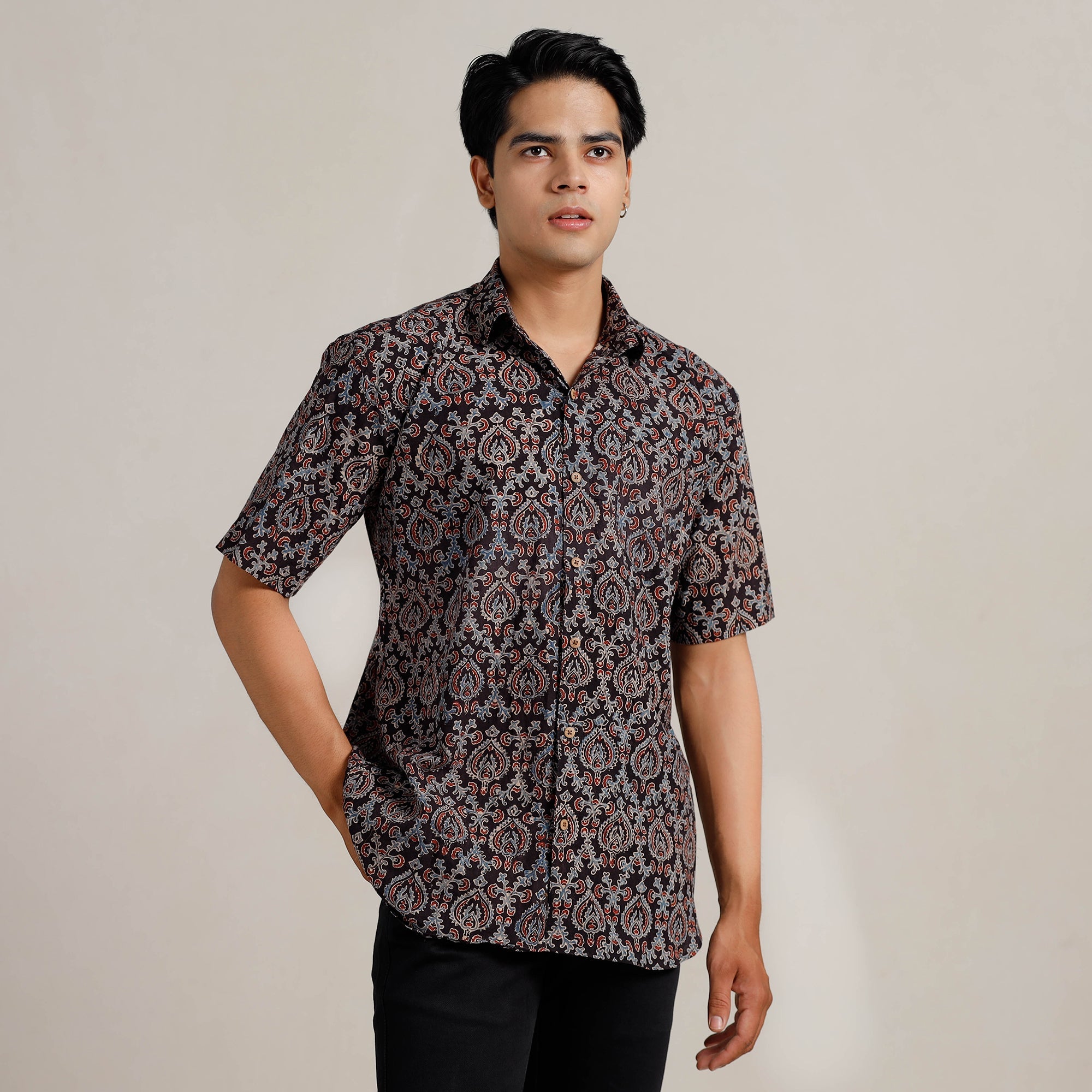 ITOKRI CASUALS Black - Ajrakh Block Printed Cotton Men Half Sleeve Shirt 01