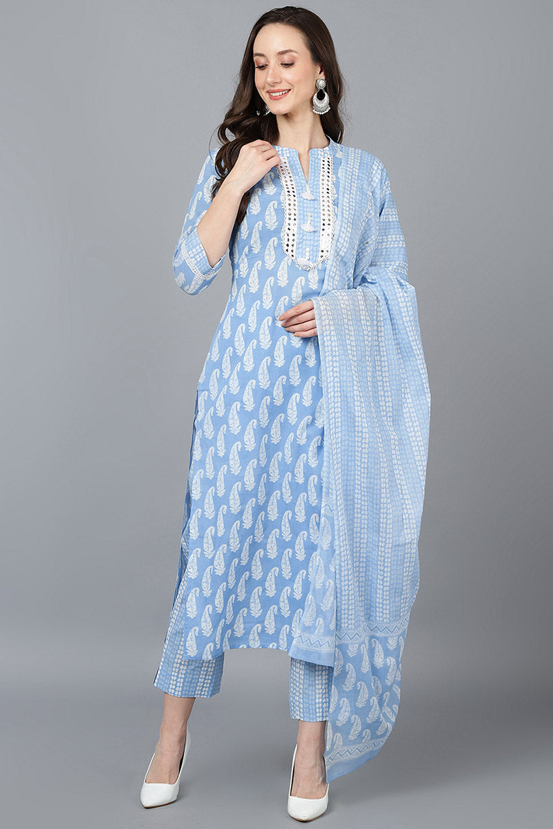 Ahika Blue Cotton Straight Kurta Pant With Dupatta VKSKD1628 - view 5