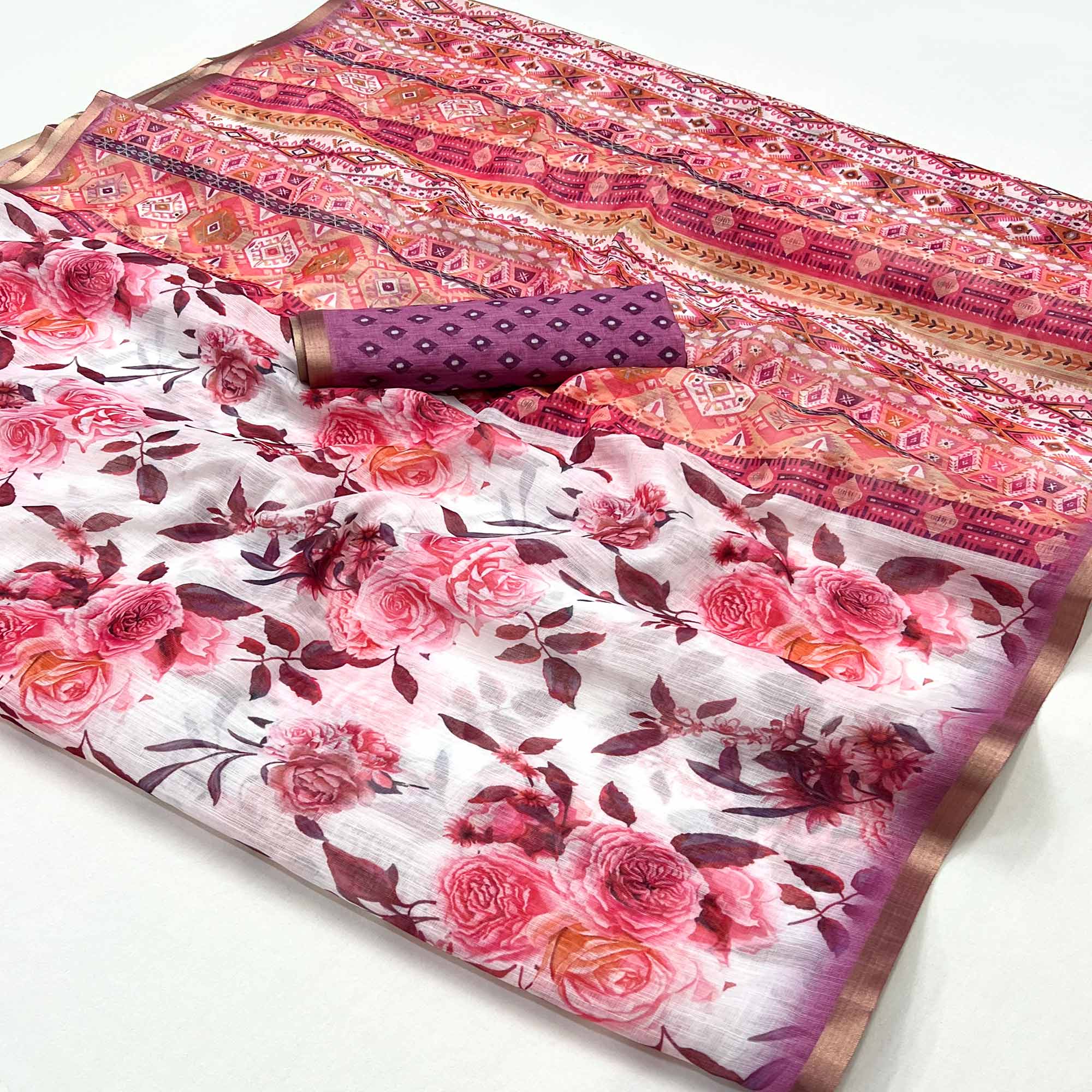 Peachmode White & Pink Floral Digital Printed Linen Saree With Zari Border