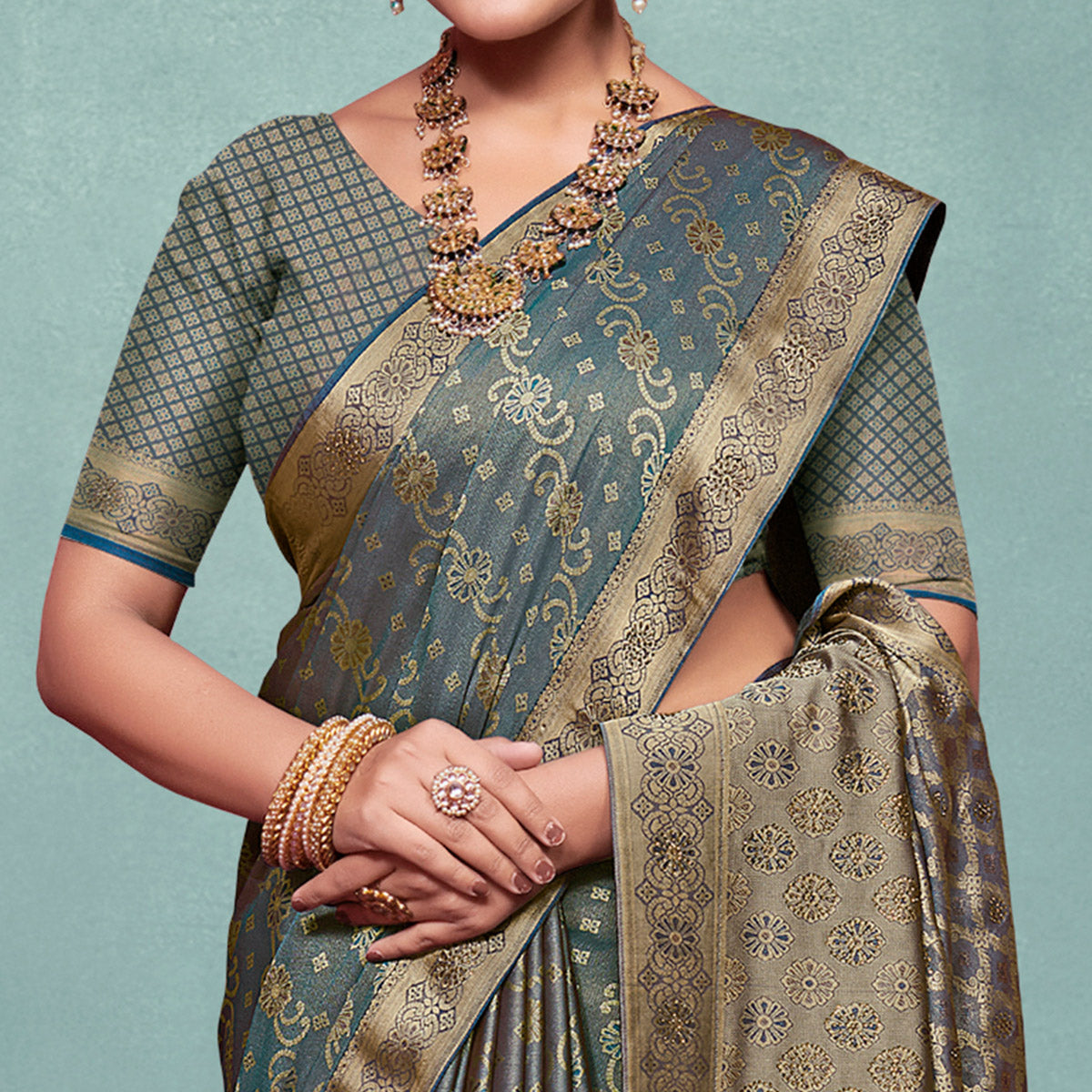 Peachmode Grey Woven With Swarovski Work Pure Silk Saree - view 2