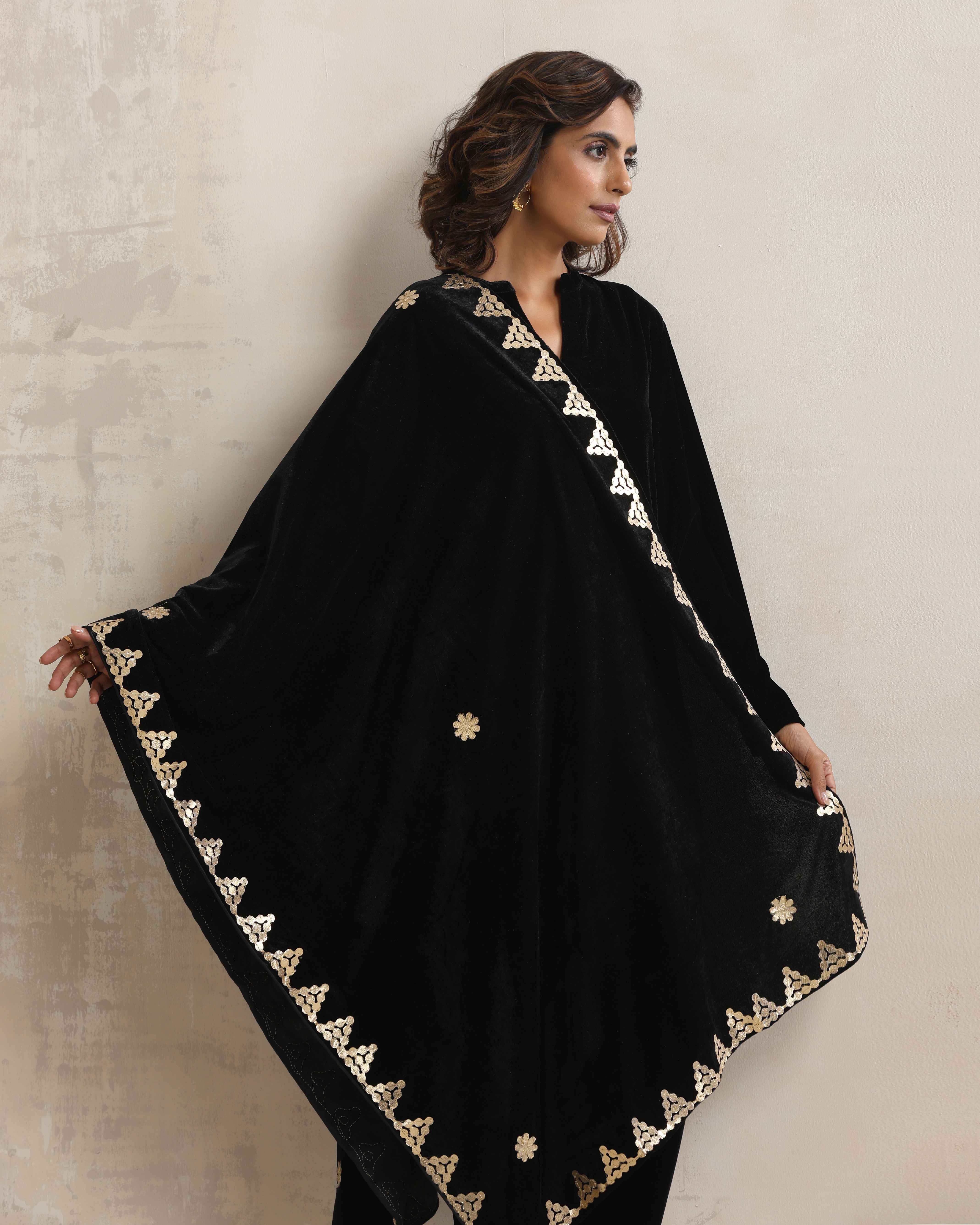 trueBrowns Black Velvet Gota Patti Stole - view 3