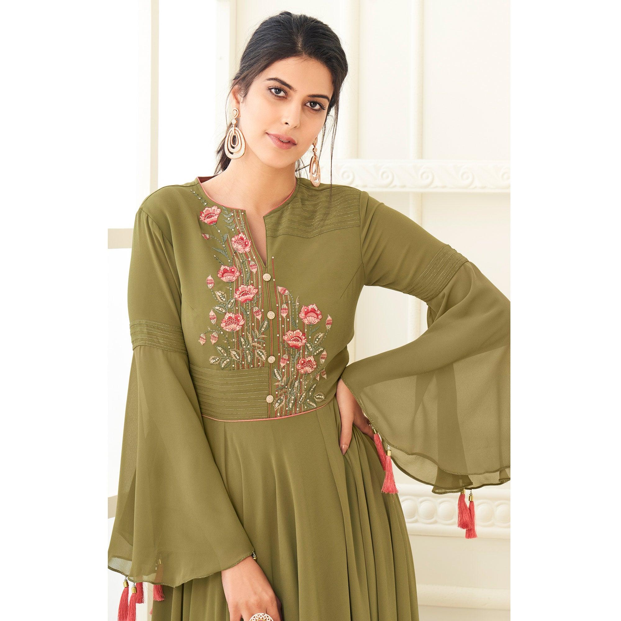 Peachmode Seller Mehendi Green Partywear Embroidered Heavy Georgette Gown - view 2