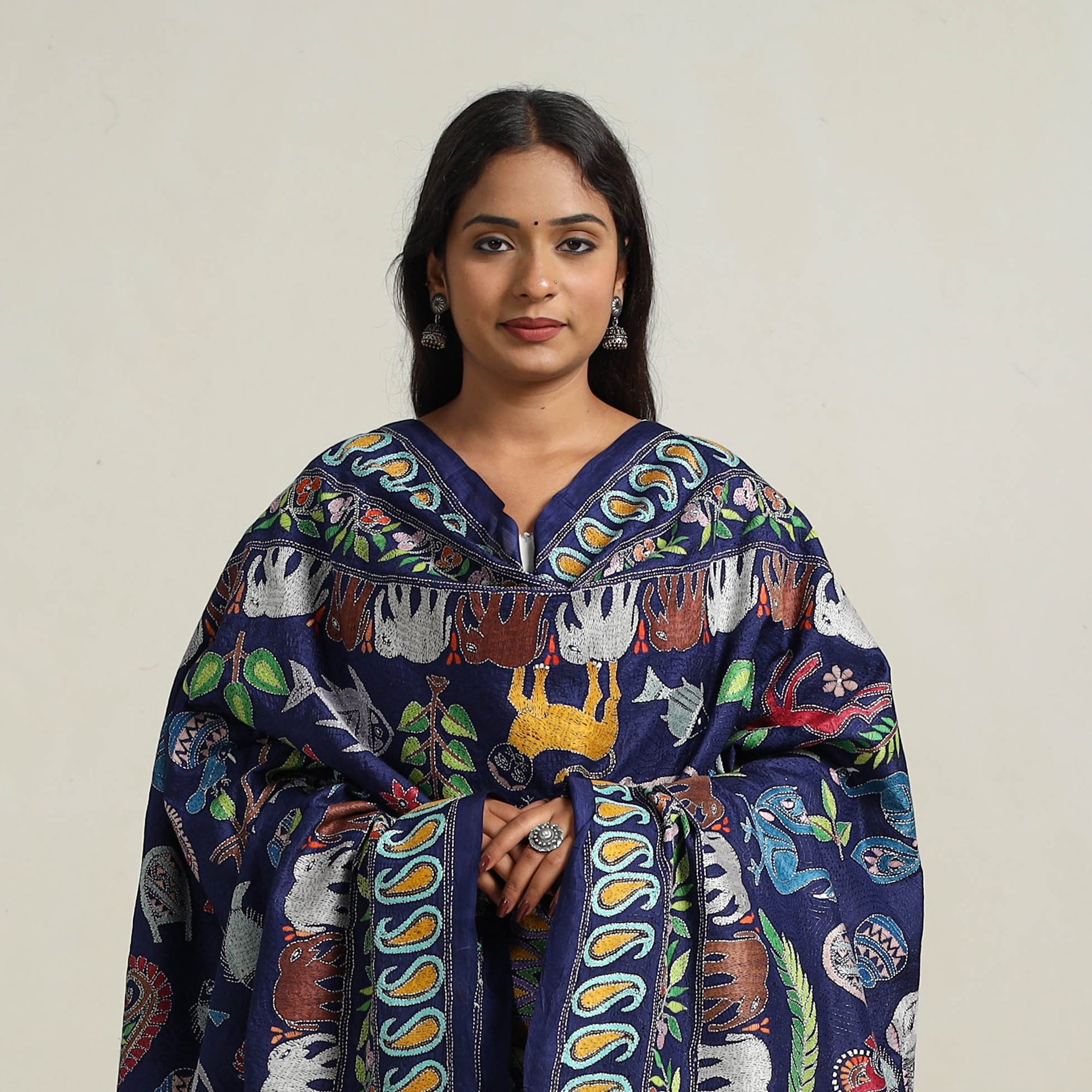 KHUSHBASH - HAPPY LOOM OF EAST Blue - Bengal Handloom Silk Kantha Embroidery Dupatta 14 - view 3