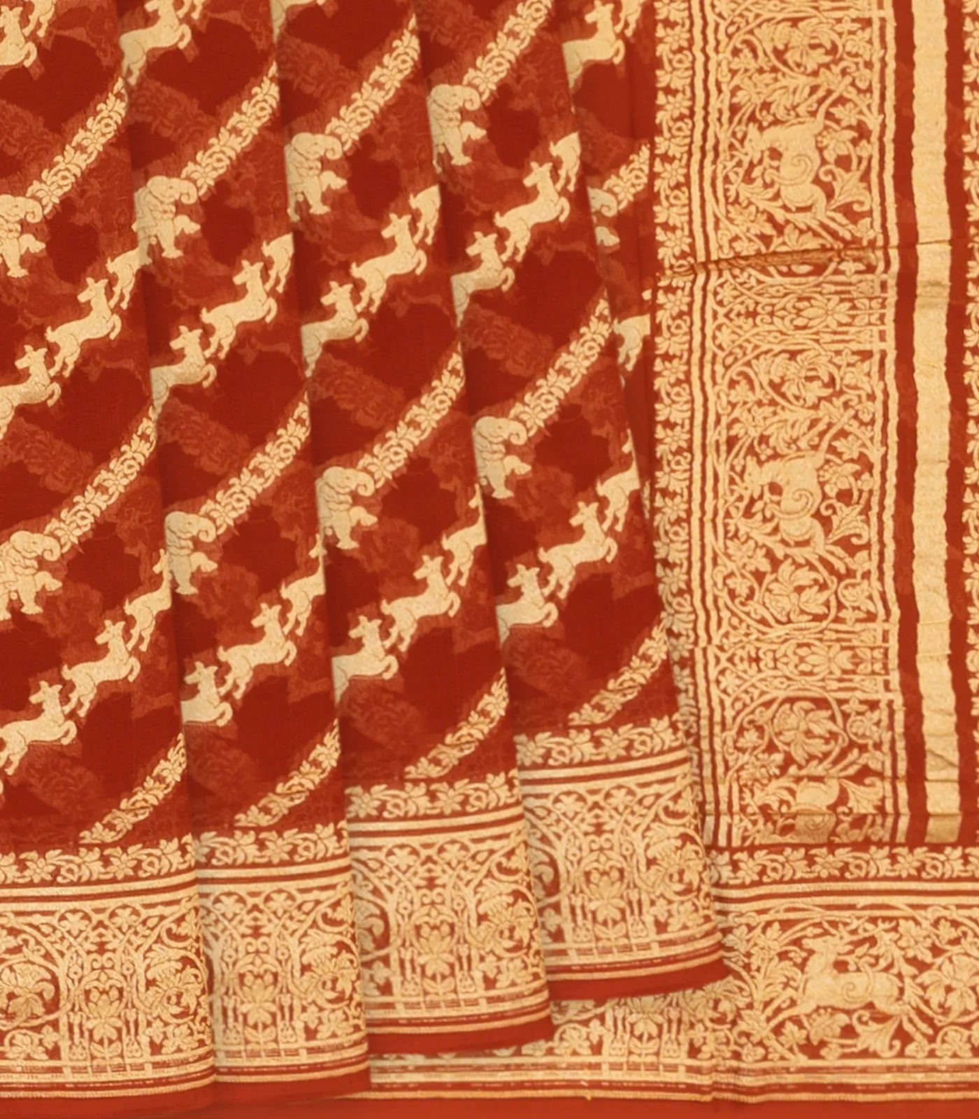 RmKV Crimson Banarasi Khaddi Georgette Saree With Diagonal Stripes-Crimson