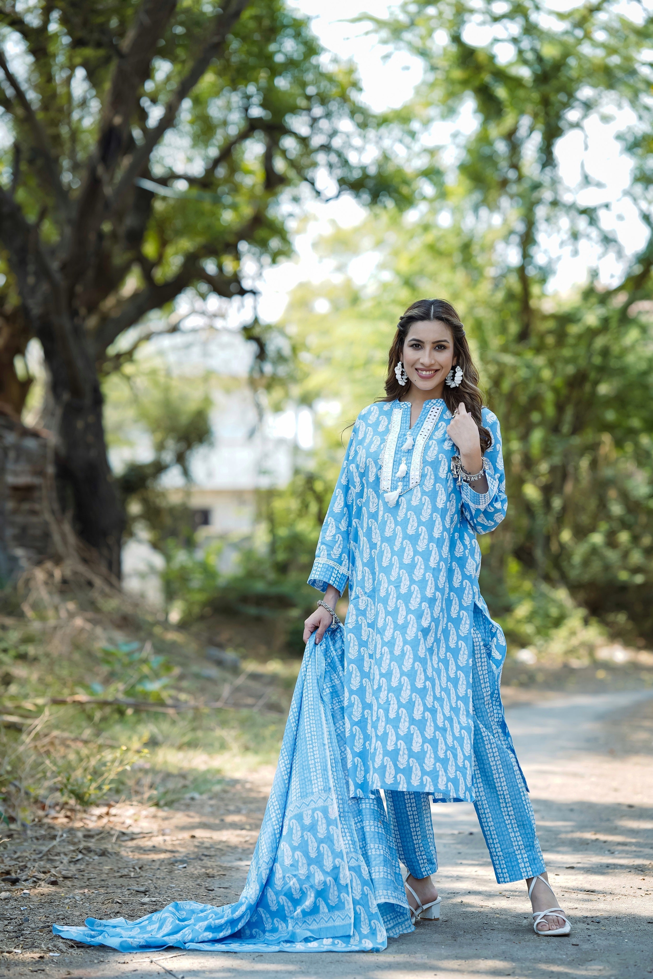 Ahika Blue Cotton Straight Kurta Pant With Dupatta VKSKD1628 - view 4